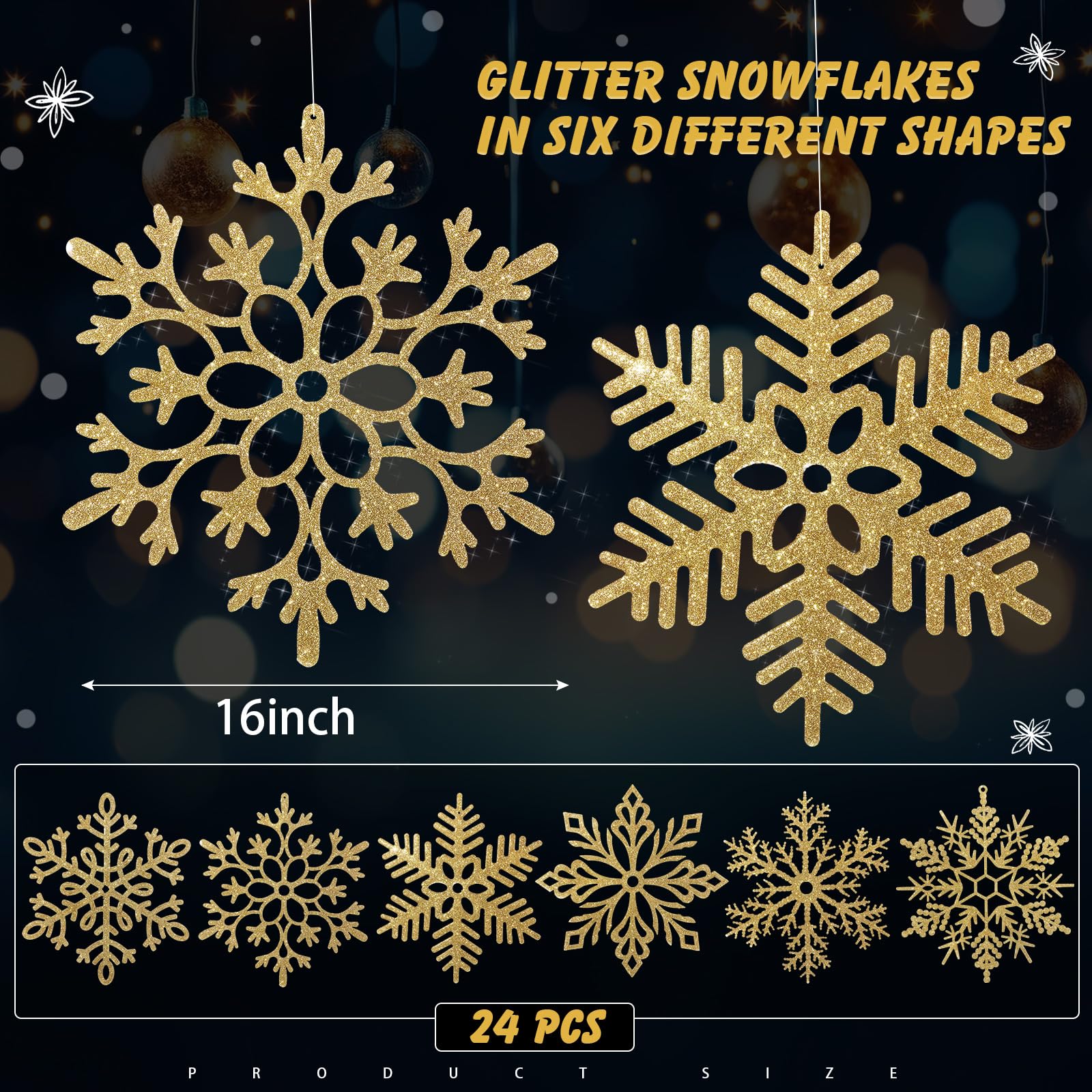 Sratte Lot de 24 flocons de neige géants à paillettes de 40,6 cm - 6 motifs - Décoration de Noël à suspendre - Flocons de neige avec fil en nylon (doré)