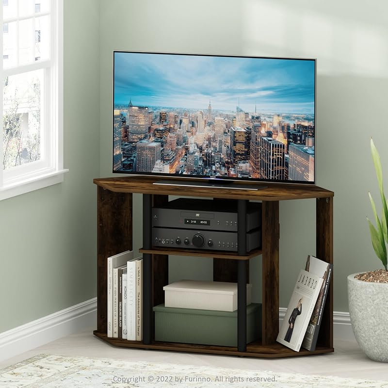 Furinno Classic Stand with Plastic Poles for TV up to 43-Inch, Amber Pine/Black image 2