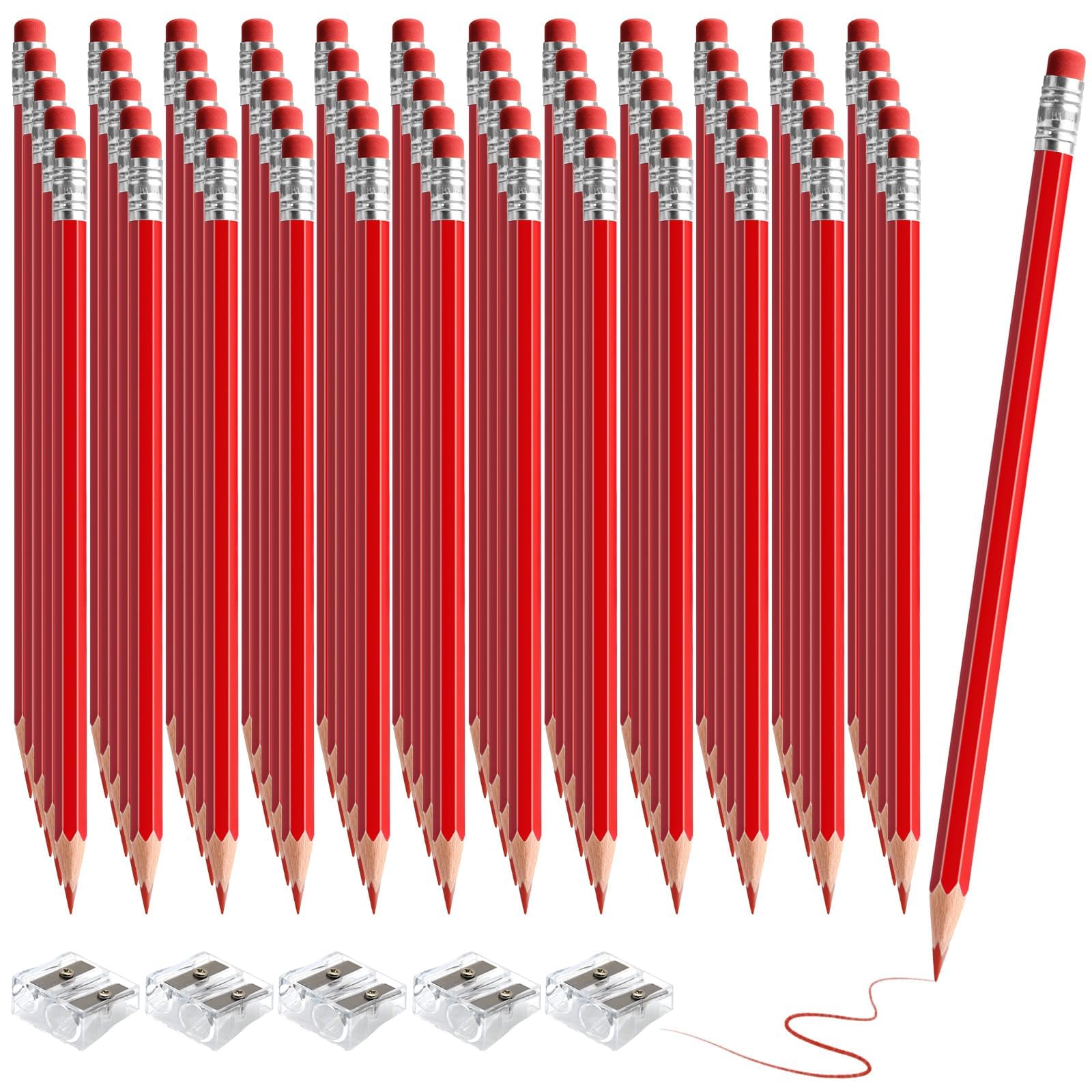 60 Stück radierbare Buntstifte mit Radiergummi, vorgespitzt, 2 HB für Überprüfung, Bewertung, Tests und Büro-/Schulbedarf (rot)