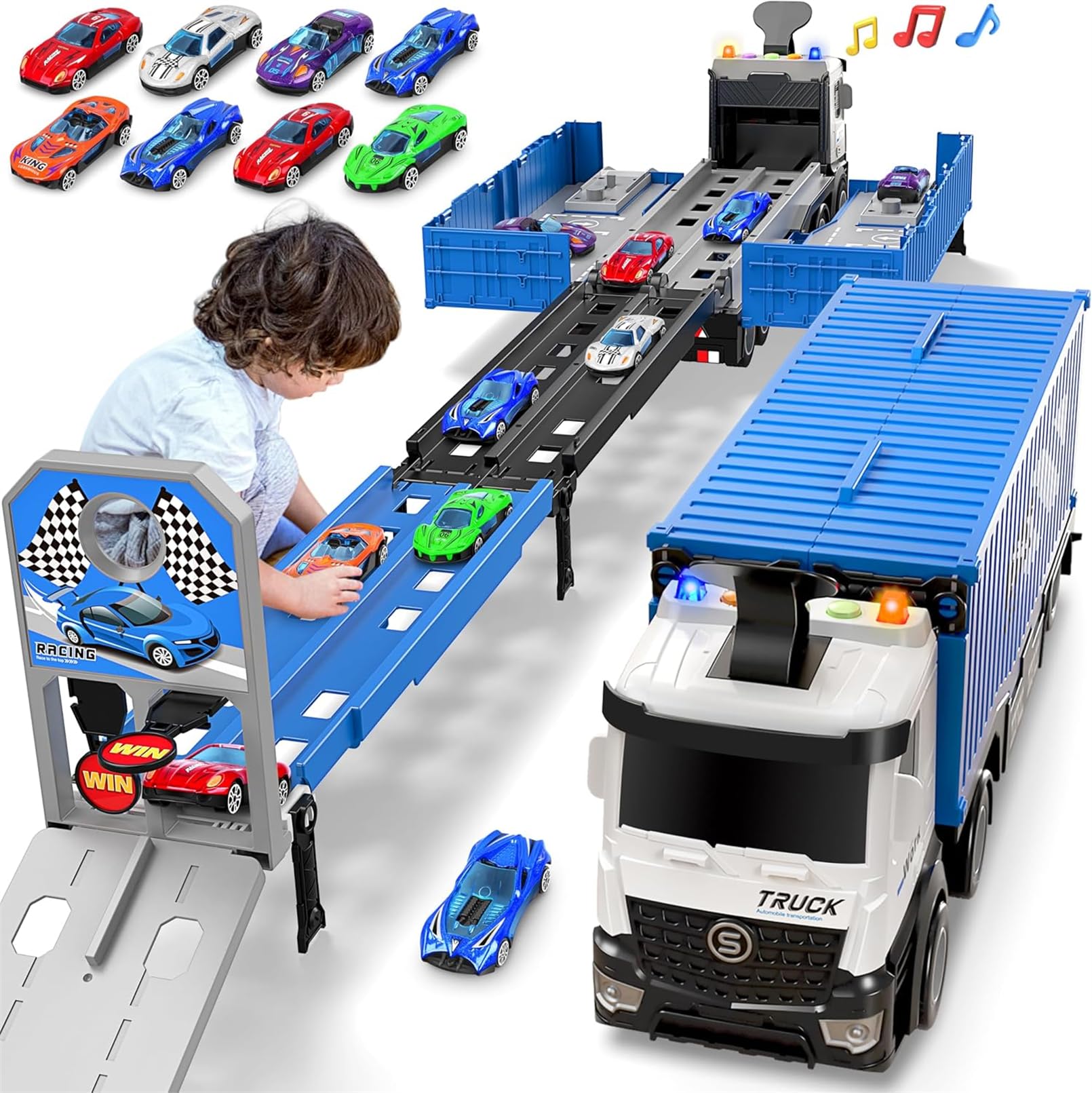 AM ANNACarrier Truck for 3 4 5 6 Year Old kids with Foldable Track, 8 Die-Cast Metal Small Race Cars, Foldable 3 Layer Car Race Track Playset, Toy Truck Play Set for Boys Girls Gift (Blue)