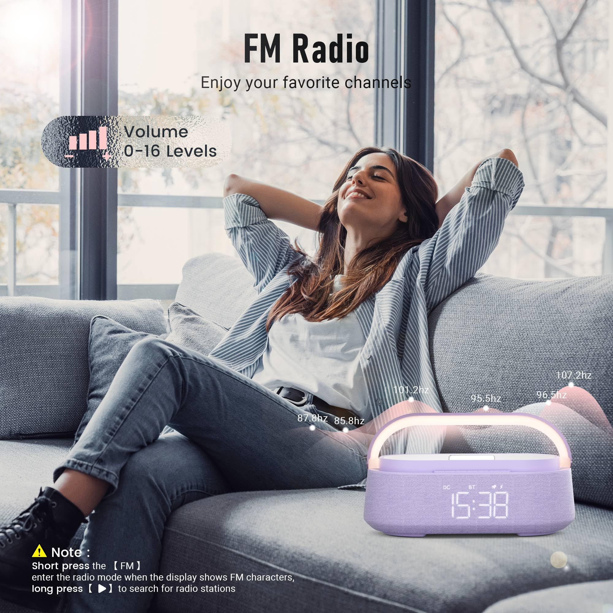FREEFISH 6-in-1 Multifunktionaler Wecker mit Bluetooth-Lautsprecher, kabellosem Ladegerät, Nachtlicht und Telefonhalter