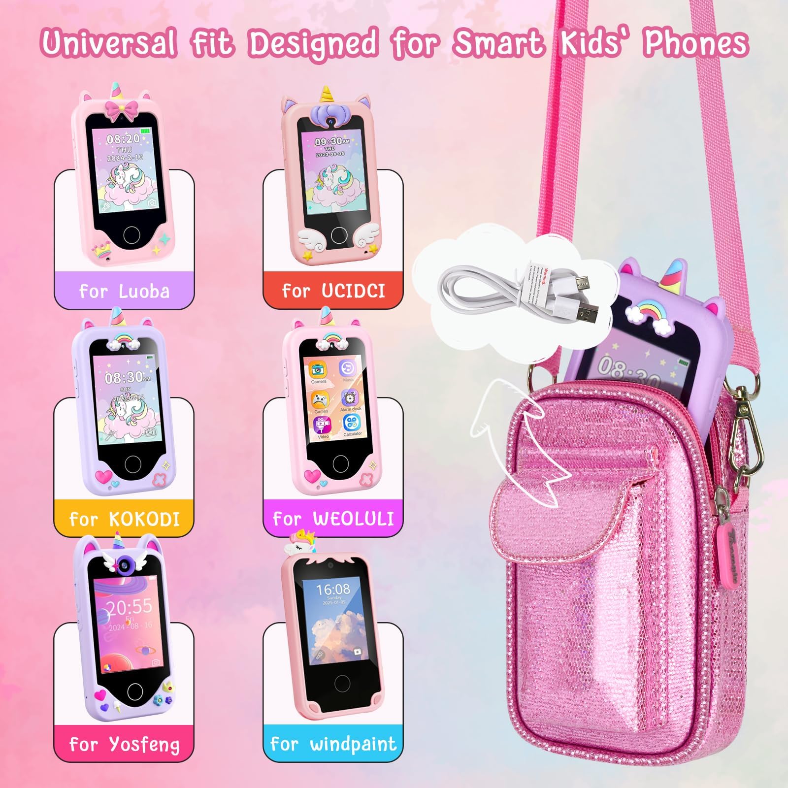 Teléfono inteligente para niños para niñas, bolsa universal para Luoba/para Yosfeng/para WEOLULI/para UCIDCI y más, bolsa de polvo con purpurina con correa de hombro extraíble para teléfono de 2