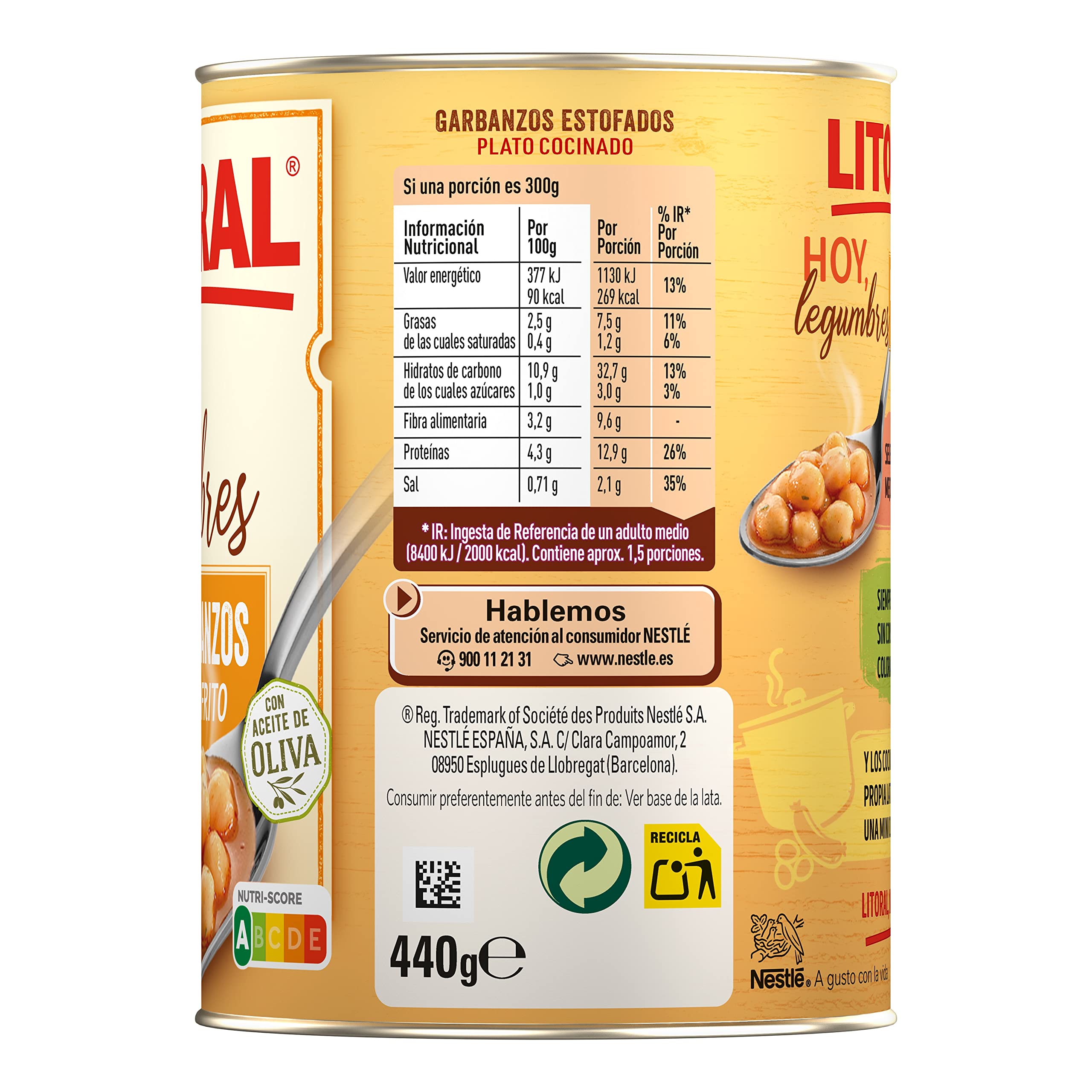 LITORAL Hoy Garbanzos con Sofrito Sin Gluten 440 g