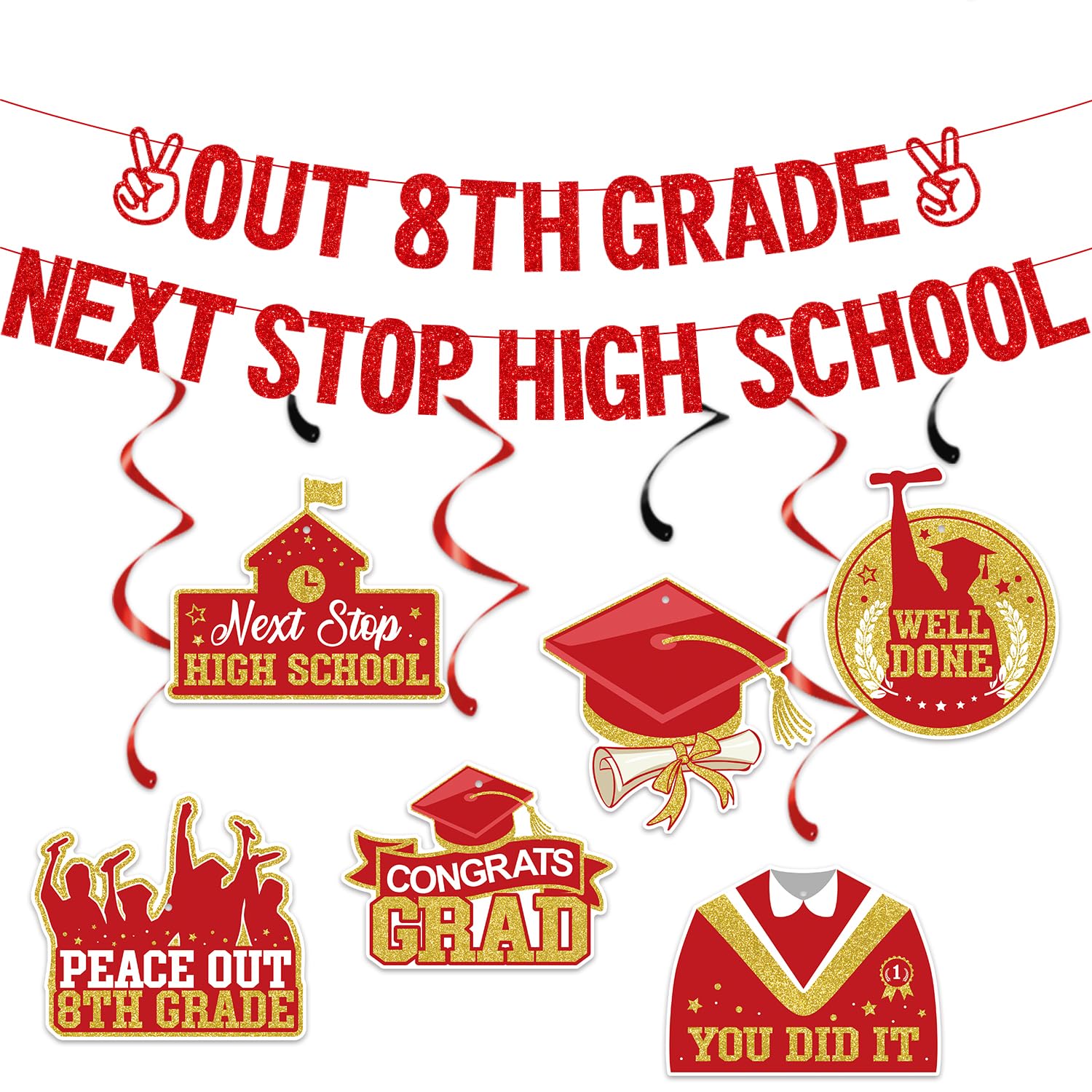Peace Out 8th Grade Next Stop High School Banner with Hanging Swirls, Red 8TH Grade Graduation Decoraitons 2025, Last Day of Middle School Grad Party