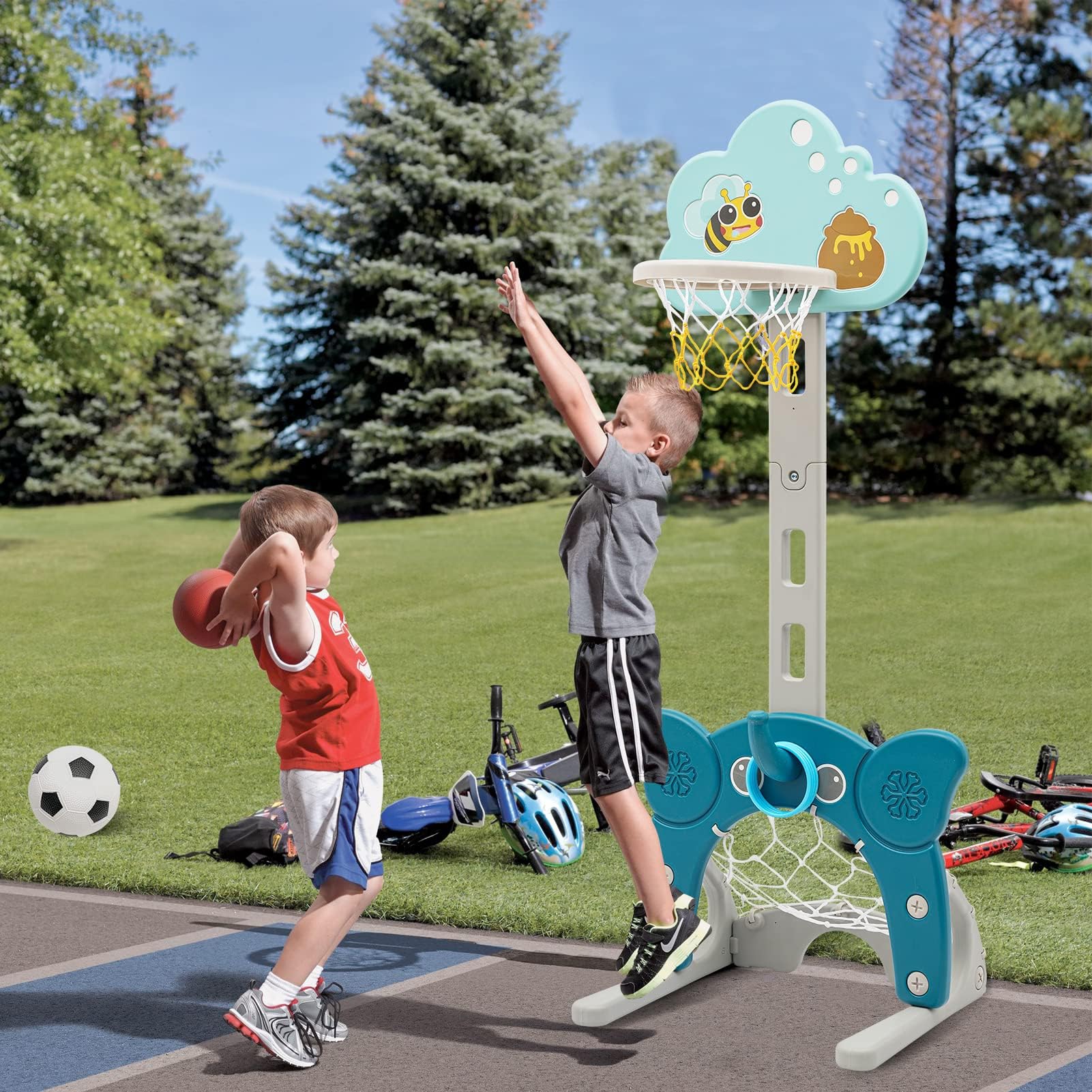 Centro Deportivo 4 en 1 para Niños|Baloncesto | Fútbol | Lanzamiento del Anillo | Golf | Actividad para Niños pequeños|Canastas Baloncesto Infantiles Exterior Interior Altura Ajustable