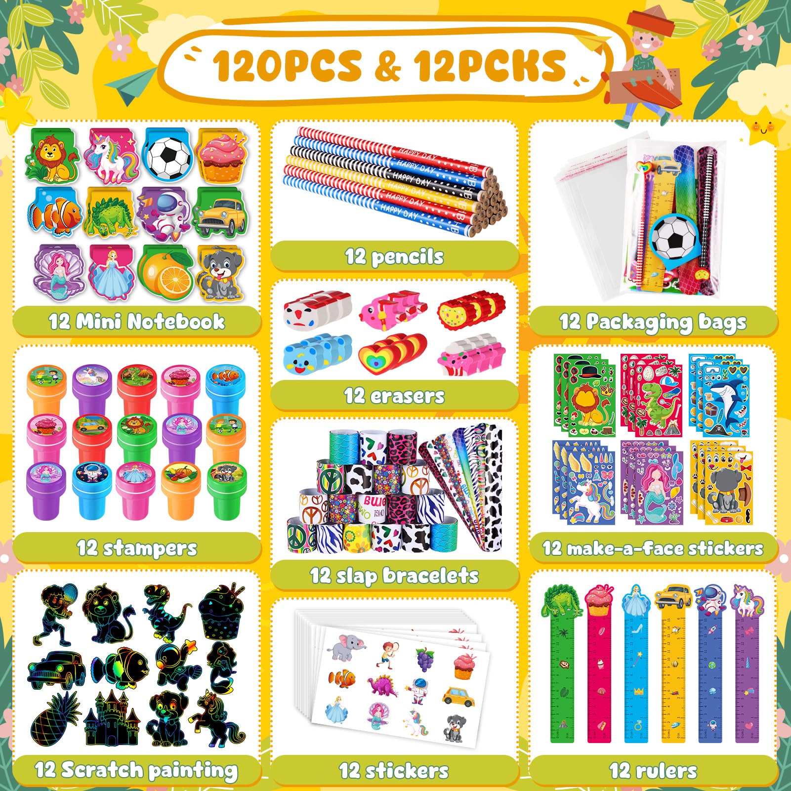 BenLouis 120Pcs Kids' Party Favors Sets Stampers Pencils Stickers School Stationery Bulk for Kids 4-8-12 Classroom Birthday Candy Goodie Bags Pinata Stuffers Rewards Gifts Supplies