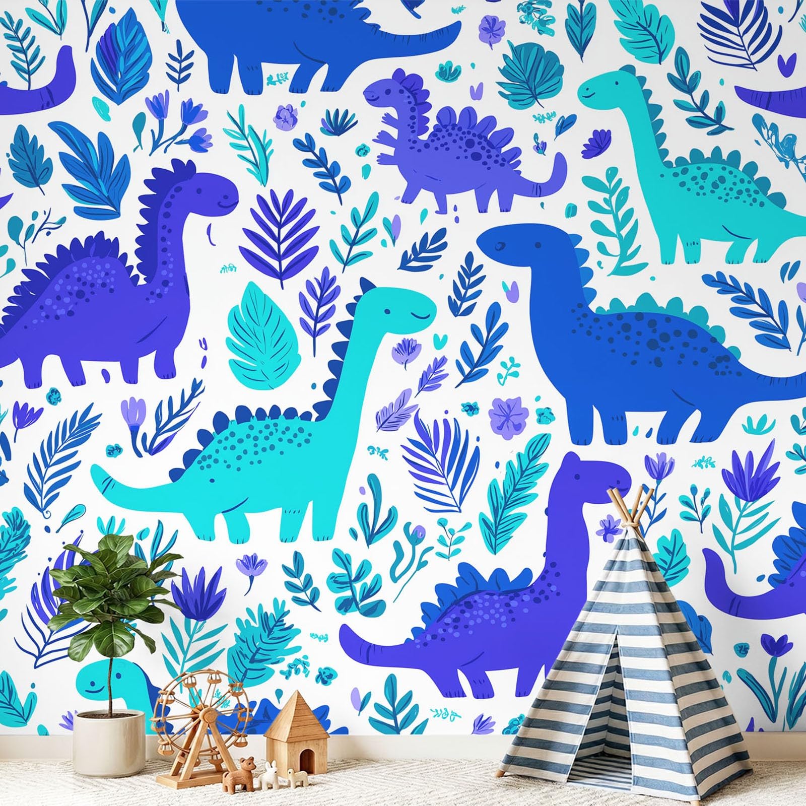 Tapeta 3D przytulna, zabawna, kreskówkowa, 315 x 215 cm, mural ścienny, dinozaur, zwierzę, niebieska tapeta do sypialni, przedszkola, malowniczego ogrodu