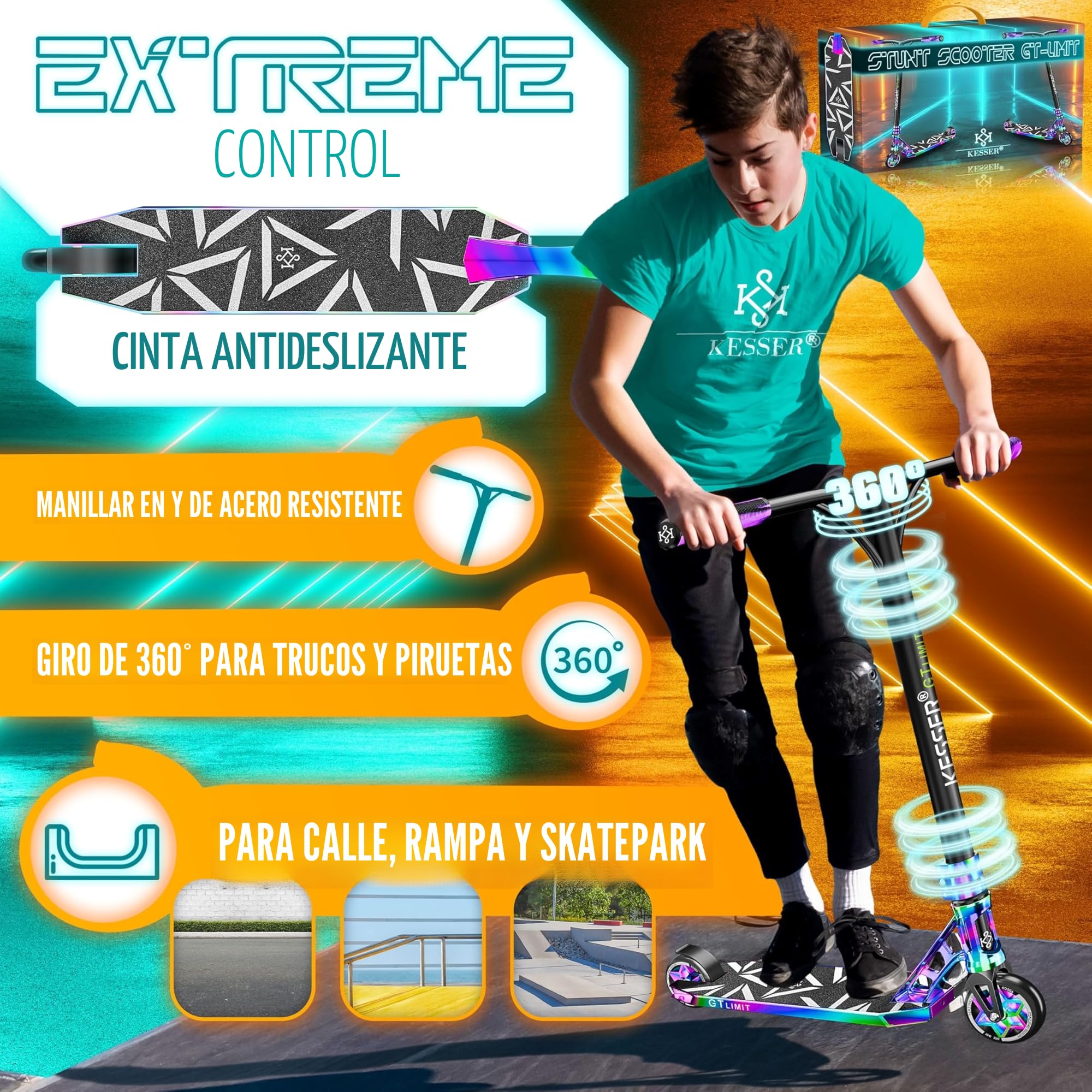 KESSER® Patinete acrobático GT-Limit, Patinete Divertido con dirección de 360Ḟ, Patinete acrobático con Soporte, rodamientos de Bolas ABEC 9, Ruedas de PU de 110 mm, Patinete Scooter