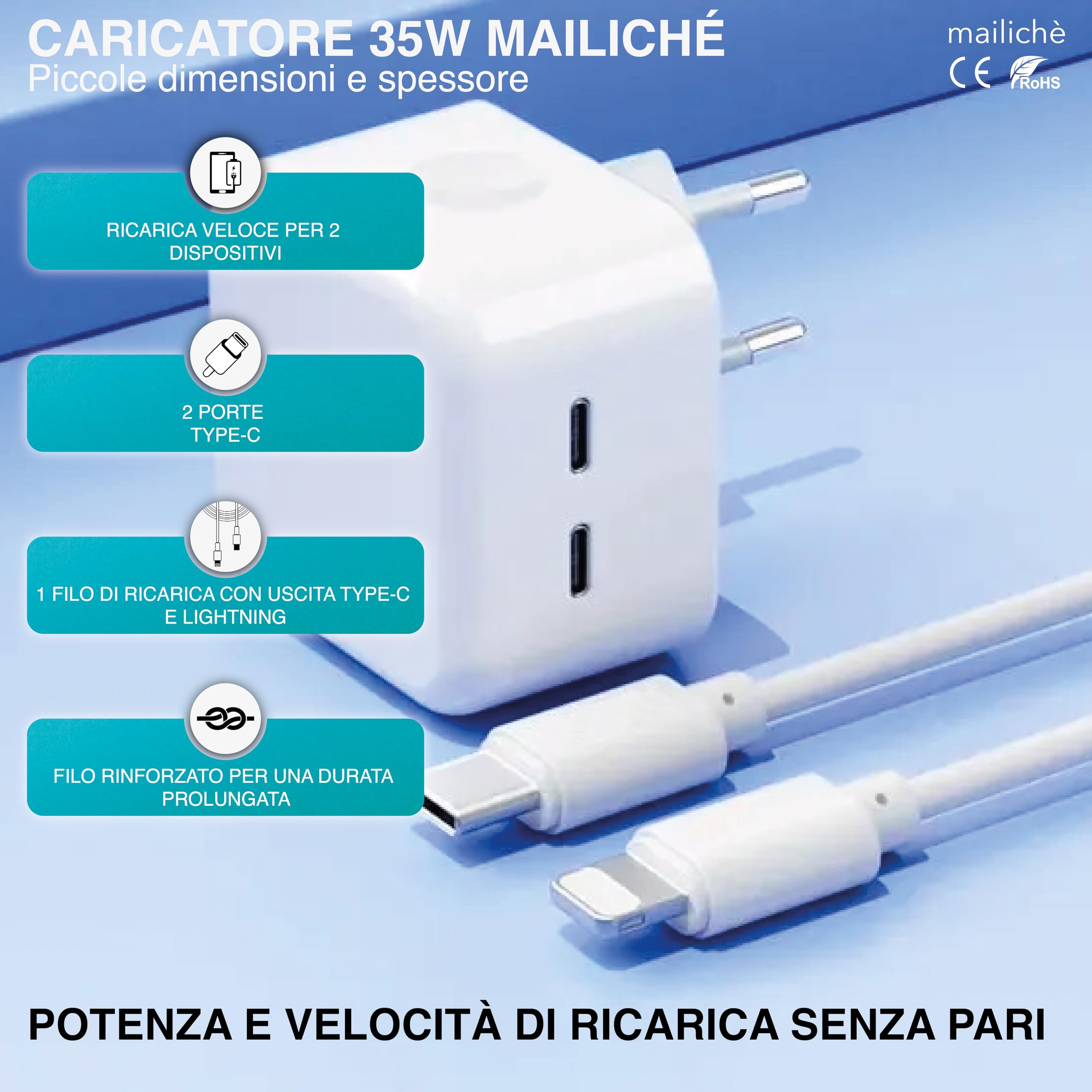 Mailiché Caricatore Iphone Usb C 35 W, Ricarica Rapida, Spina Alimentatore Usb Da Muro, Presa Multipla Usb C Per Apple, Samsung, Ipad, Macbook Air E Dispositivi Usb C, Cavo Lightning Usb C Incluso
