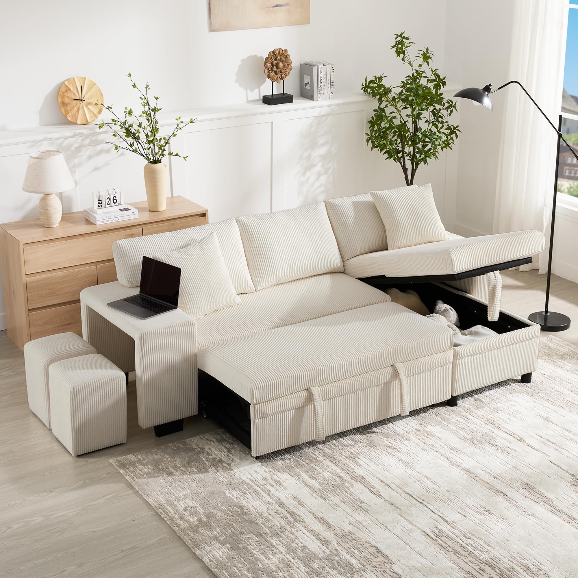 Canapé d'angle convertible pliant,avec port de charge USB et coussins,canapé convertible 3 places tissu avec fonction couchage,canapé lit 3 places avec étagères latérales et espace de rangement beige
