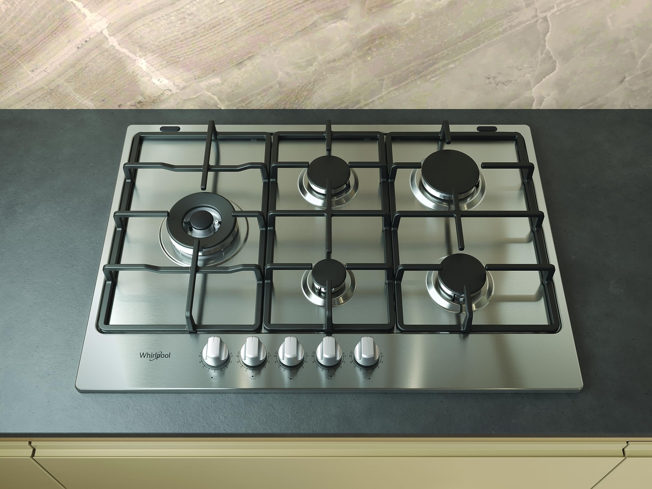 Whirlpool TGML 761 IX R - Piano Cottura 5 Fuochi Su 9 Livelli Con Bruciatore Ad Alta Efficienza E Griglie In Ghisa. Acciaio Inox. Multi Level Flame, Griglie Lavabili. 5,8 x 73 x 51 cm