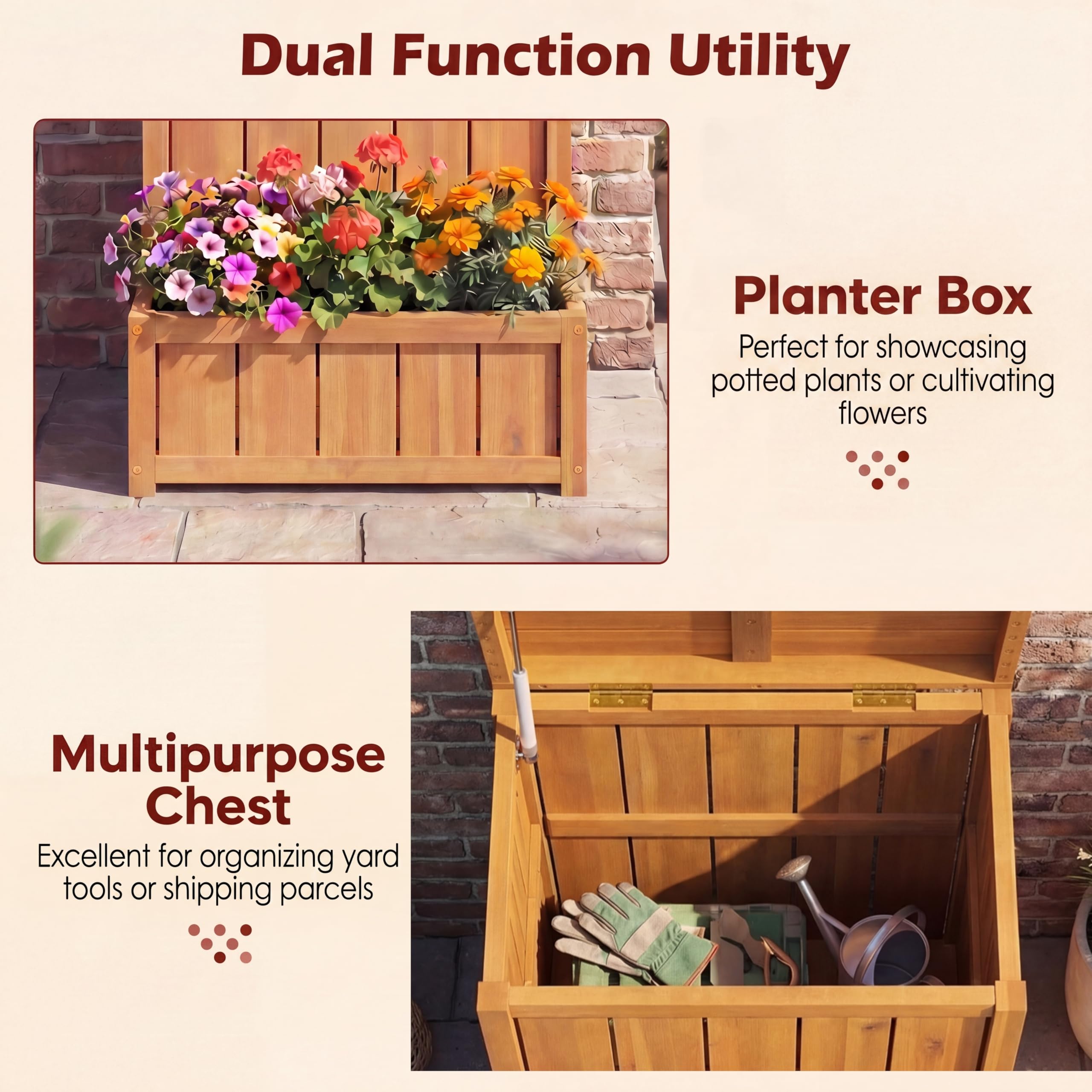 HOMASIS 2 in 1 Paketbox mit Pflanzkübel, Paketannahme mit Blumenkasten aus Holz, Auflagenbox mit Deckel & Gasdruckfeder, multifunktionale Aufbewahrungsbox für Terrasse & Garten, Natur