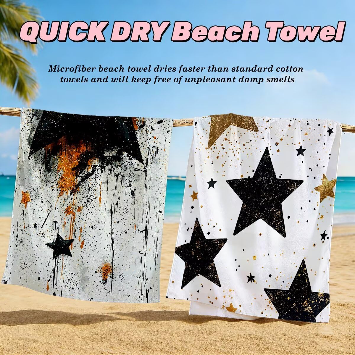 Toalla Playa 90x200 cm, Toalla Gimnasio Microfibra Secado Rapido, Juego de 2 Antiarena Toallas de Playa, Ligera Compacta Toallas Microfibra Grande para Viaje, Regalo Hombre Mujer (Estrella) -3829