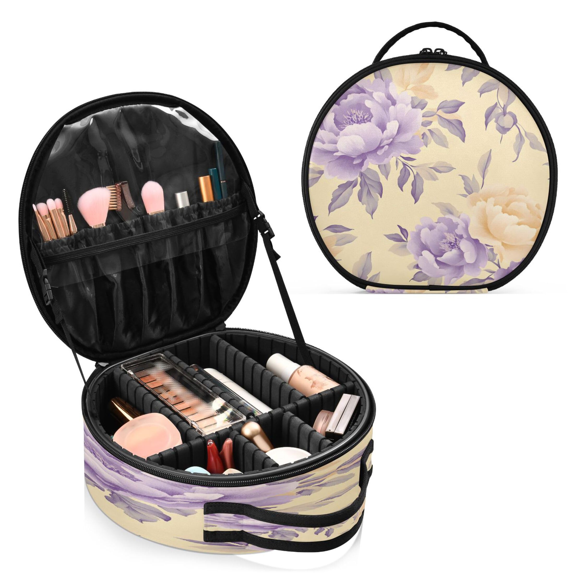 Takiito Vintage Purple Floral Travel Makeup Case Portable Makeup Box Artist Cosmetic Case Organizer With Adjustable Dividers