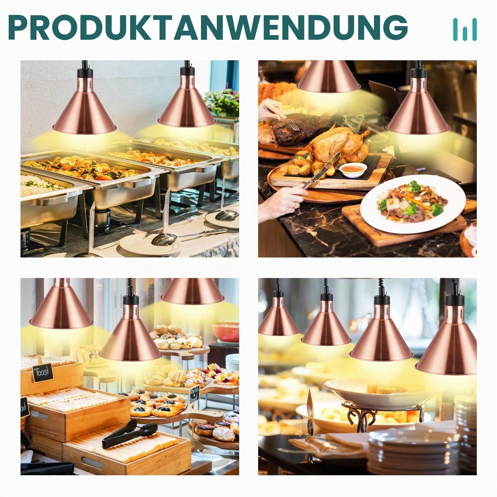 YJINGRUI 250W Wärmelampe küche, Wärmelampe Buffet Einziehbares 60-180cm | 27 cm Edelstahl Lampenschirm, Infrarot-Wärmelampe Gastro für Restaurant, Buffet, Hotel und Catering (kupferrot)