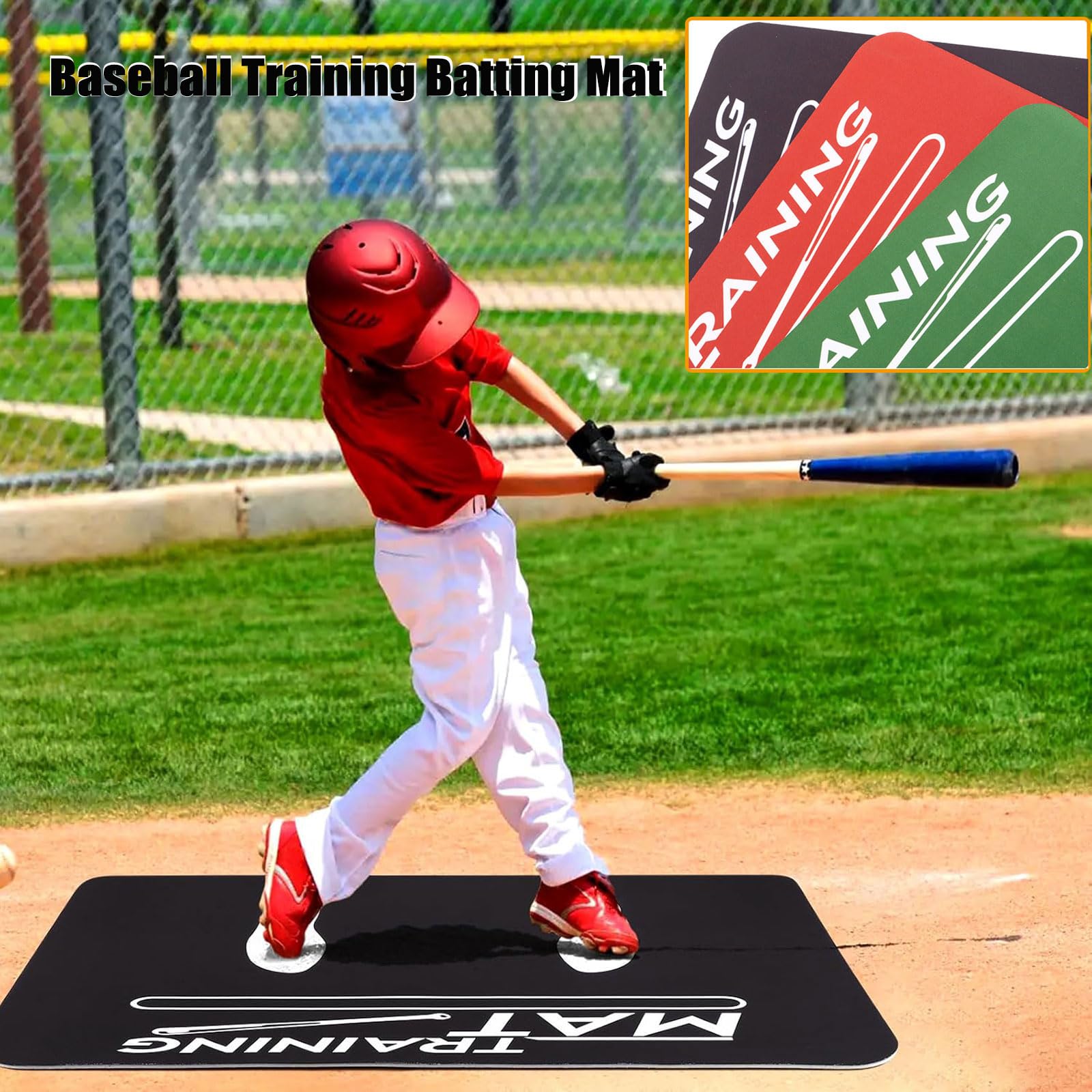 BOHOATOM Baseball Batting Mat with Footprint, Non-Slip Batting Stance Alignment Training Mats for Swing Pitching Softball & Baseball Hitting Mat (Black)