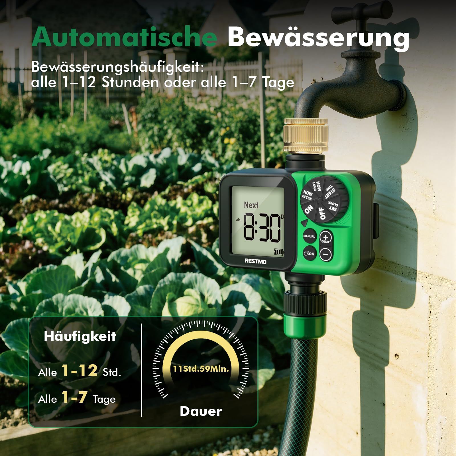 RESTMO 1-Zonen Bewässerungscomputer, Bewässerungsuhr für Garten | großes Display, automatisch/manuell/Regenverzögerung (12/24/48/72 h), für Gartenschlauch & Außenwasserhahn, Rasen & Beete