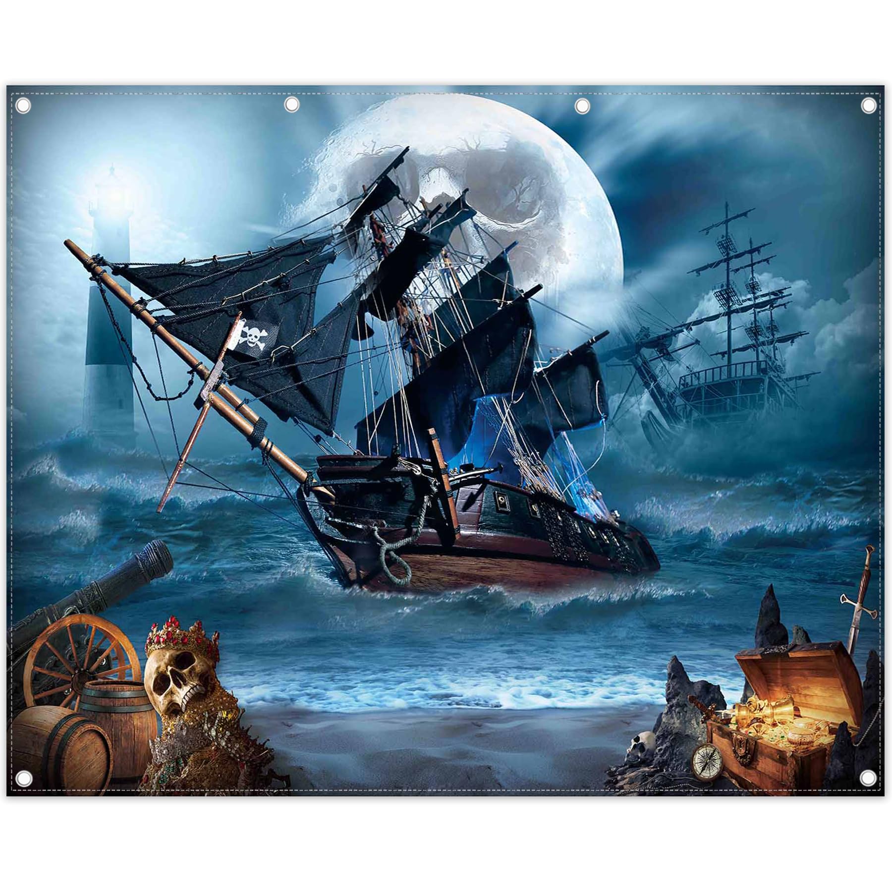 Yriujul 10x8ft Pirate Theme Photography Backdrop Halloween Nautical Adventure Background Seascape Sailing Ship Treasure Party Decorations Horror Photo