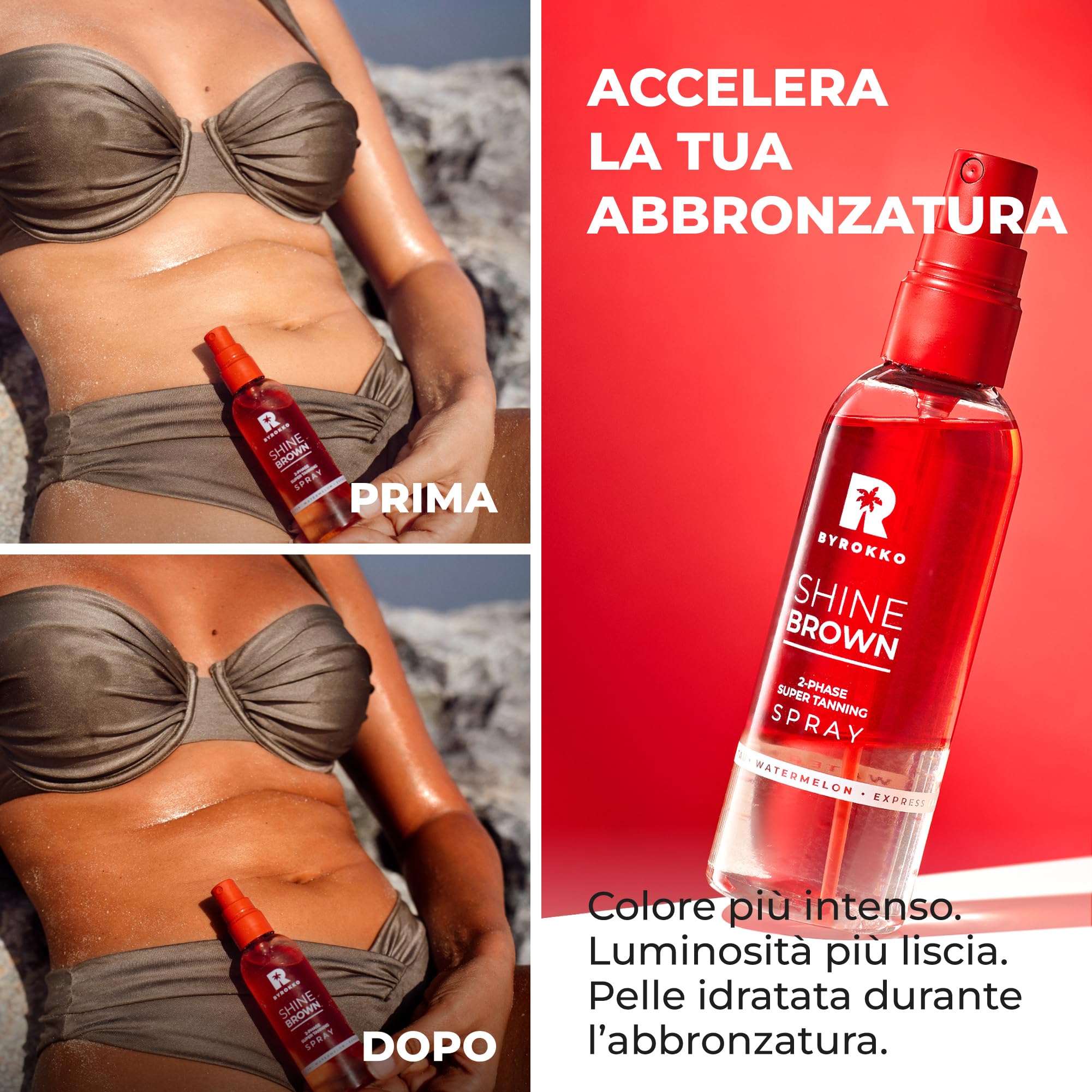 BYROKKO Shine Brown Spray Abbronzante Bifasico Anguria (100 ml), acceleratore con oli naturali e acido ialuronico, per sole e lettino, formula idratante a rapido assorbimento