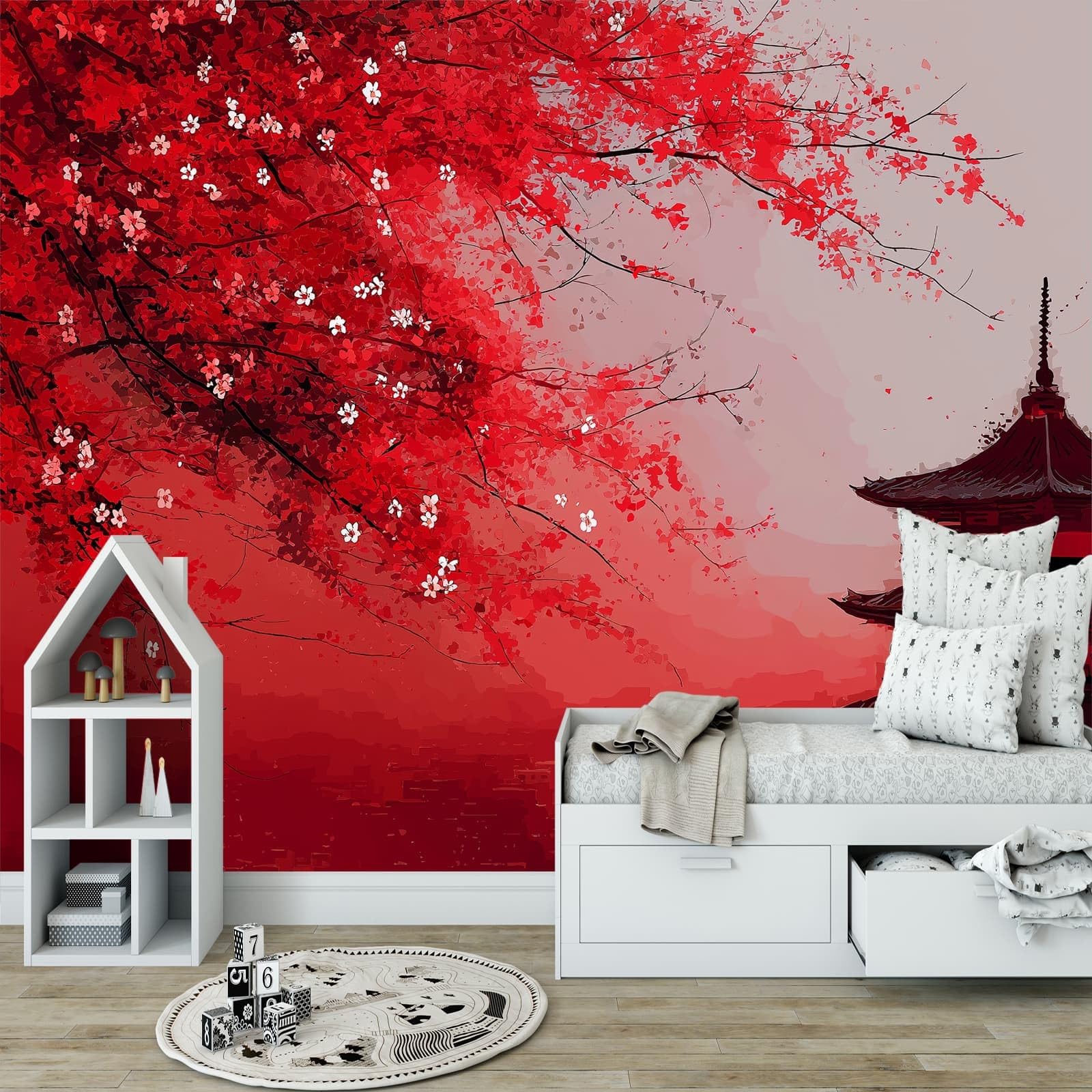 Tradycyjny chiński styl panoramiczny plakat tapeta 450 x 315 cm (szer. x wys.), architektura kwiaty wieża tapeta mural na ścianę akcentującą do sypialni salonu przedpokoju - wodoodporny i zdejmowany