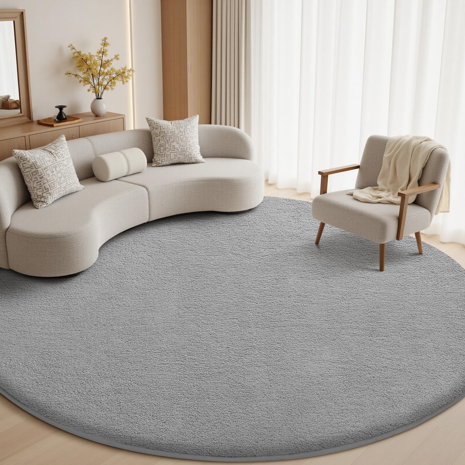Sour Lemon Rugs Living Room 120cm, Round Grey Shaggy Fluffy Rug, Non-Slip Washable Area Rug for Bedroom, Short Pile Soft Runner Rugs, Modern Floor Carpets for Kids Room Hallway Entryway
