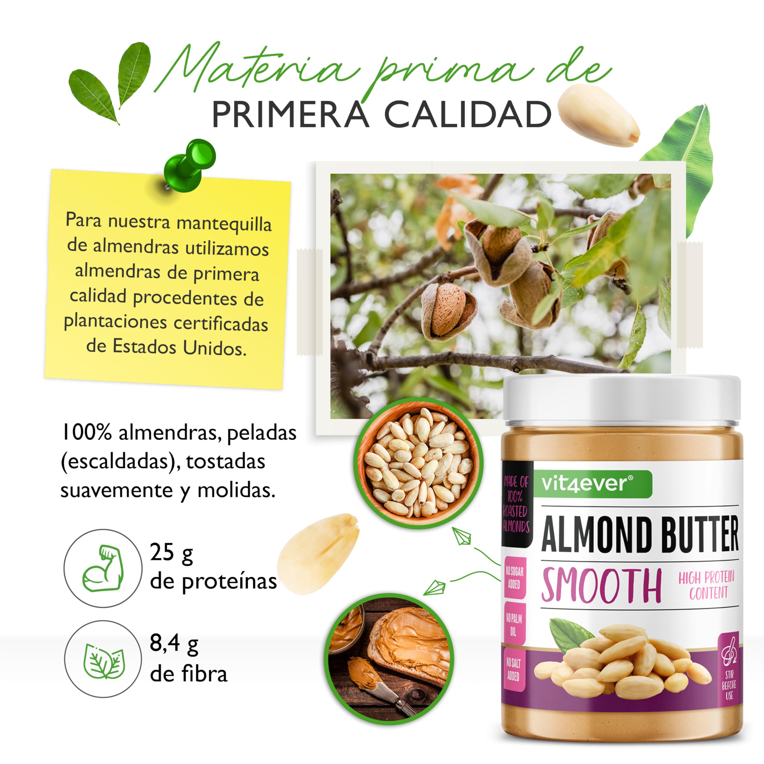 Mantequilla de Almendras Suave - 1kg de mantequilla de almendras natural sin aditivos elaborada con almendras 100% escaldadas - Alta en proteínas - Mantequilla de almendras cremosa sin sal, aceite ni