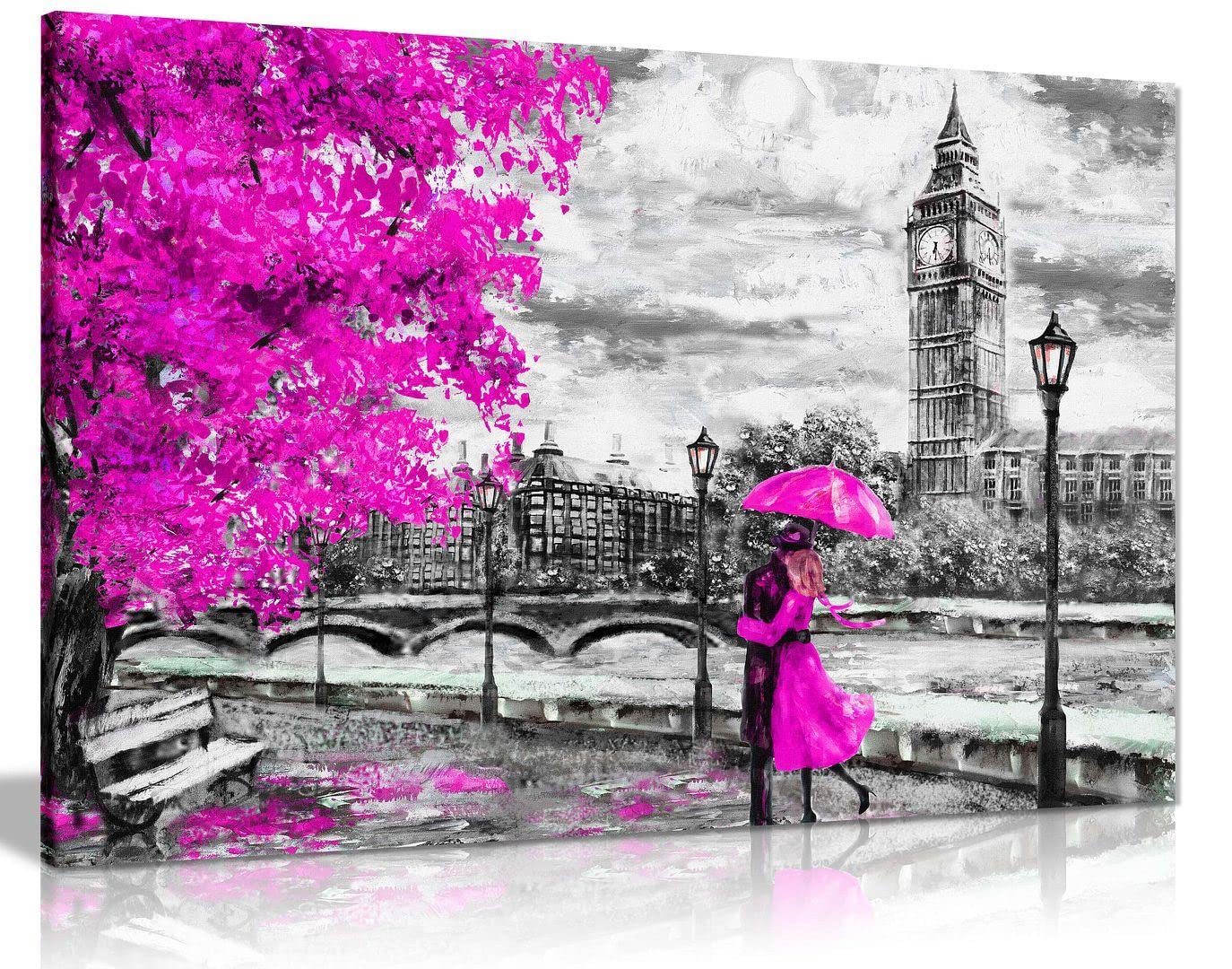 Panther Print Pink London Oil Painting Artwork Reproduction Big Ben Umbrealla Canvas Wall Art Picture Print Home Decor 91X61cm (36X24in)