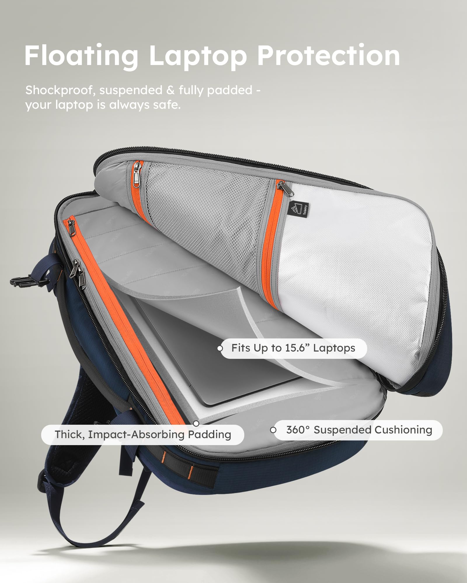 Tolaccea Reiserucksack, Handgepäck Flugzeug, TSA Freundlich Handgepäck Rucksack 35L-45L, Travel Backpack für 15,6 Zoll Laptop, Reise Rucksack für Weekender Trip (Dunkelblau)