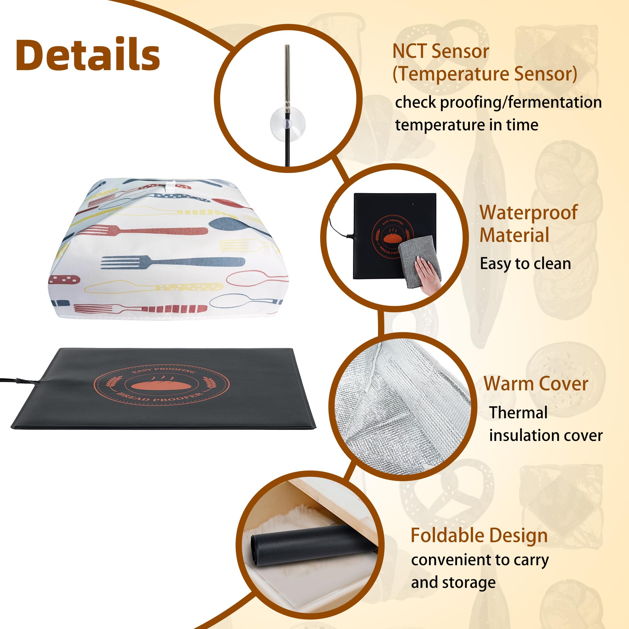 Tapis chauffant à température réglable pour faire du pain (35 x 35 cm + housse)