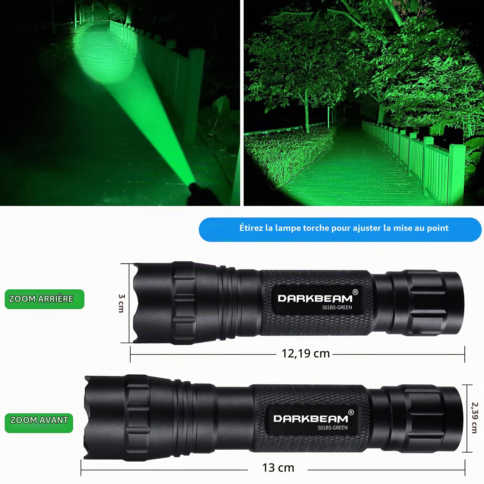 DARKBEAM lampe torche verte Puissante, 501BS Lampe de Poche à lumière Rouge LED Rechargeable, Portable étanche, mise au point rétractable pour la pêche, la Chasse, l'astrophotographie, avec pile &clip