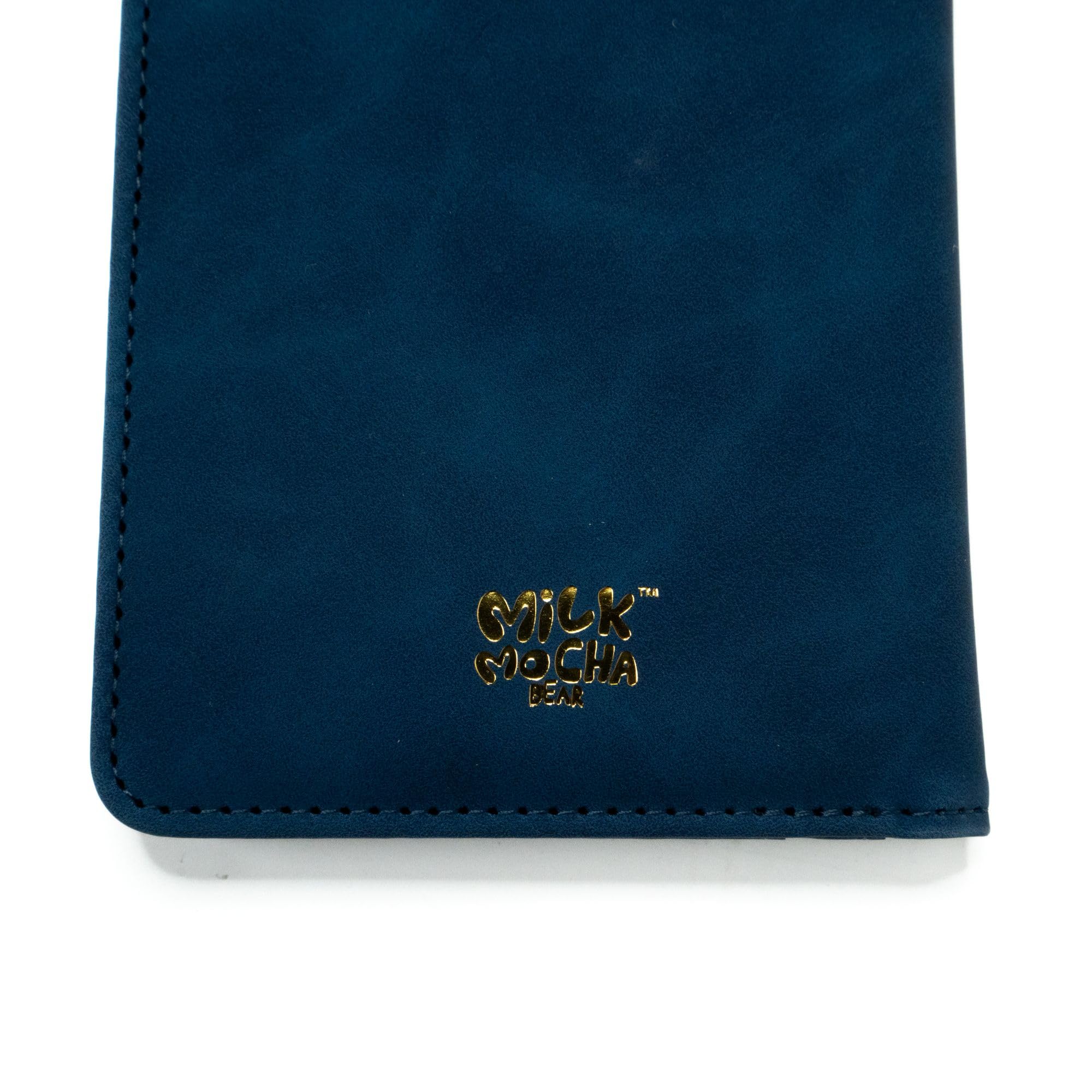 Cartera para pasaporte de leche y moca en azul marino o verde azulado, producto autorizado por Milkmochabear lindo y adorable accesorio de viaje esencial, Marino, 8.2 x 5.9 Inches