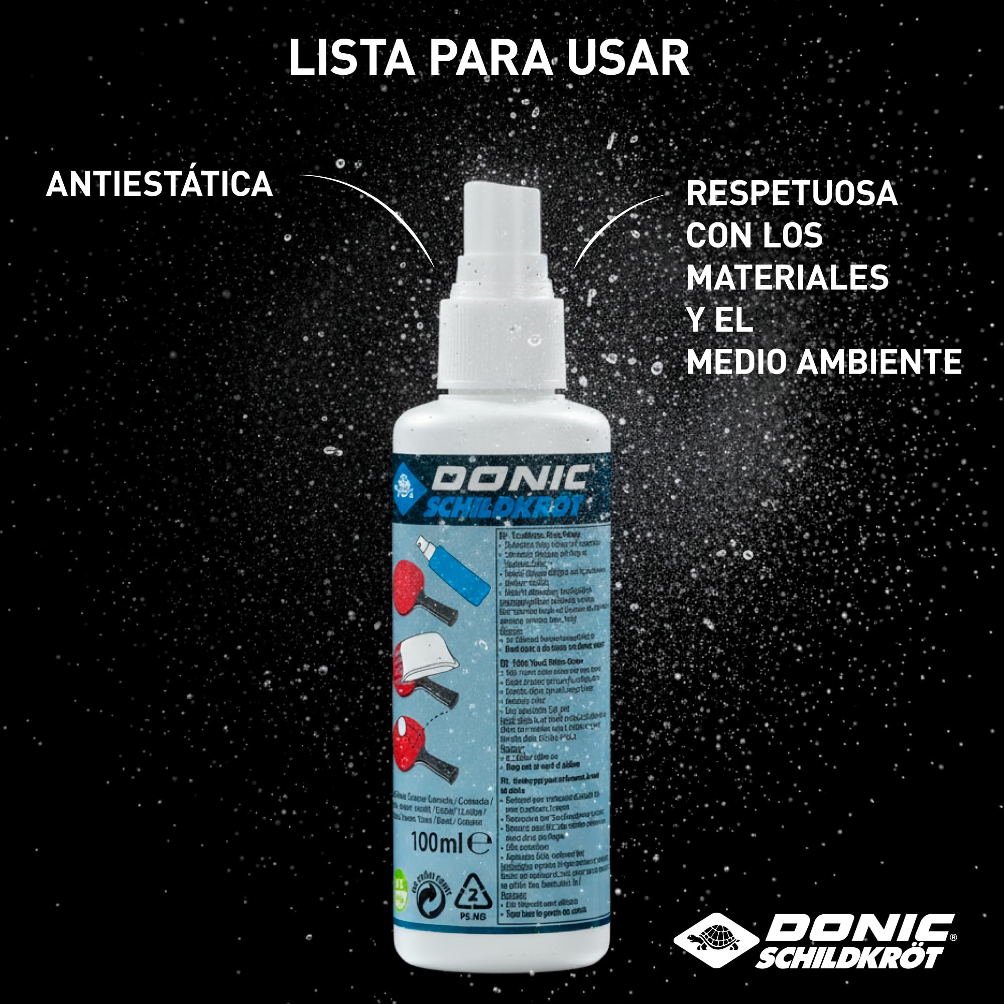 Donic-Schildkröt Espuma Limpiadora para Raquetas de Tenis de Mesa, 100 ml en una Bomba Pulverizadora, para Renovación de las Almohadillas de las Raquetas
