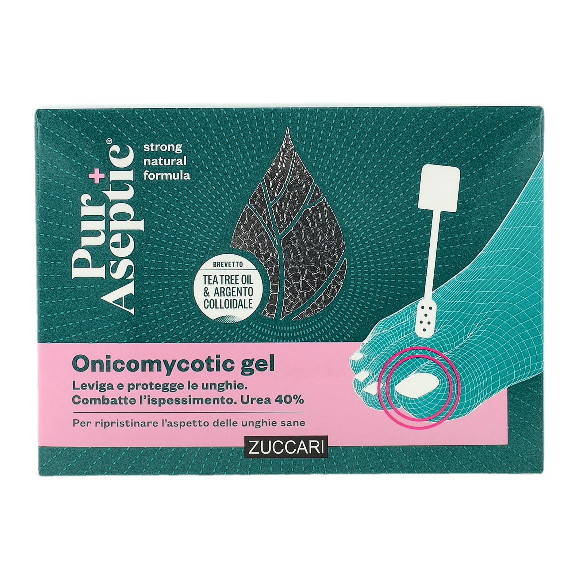 Zuccari PurAseptic Onicomycotic Gel, Flacone da 12ml, Con Silver Tea Tree Oil, Piroctone Olamine e Urea al 40%, Trattamento per Unghie Danneggiate da Onicomicosi e Traumi