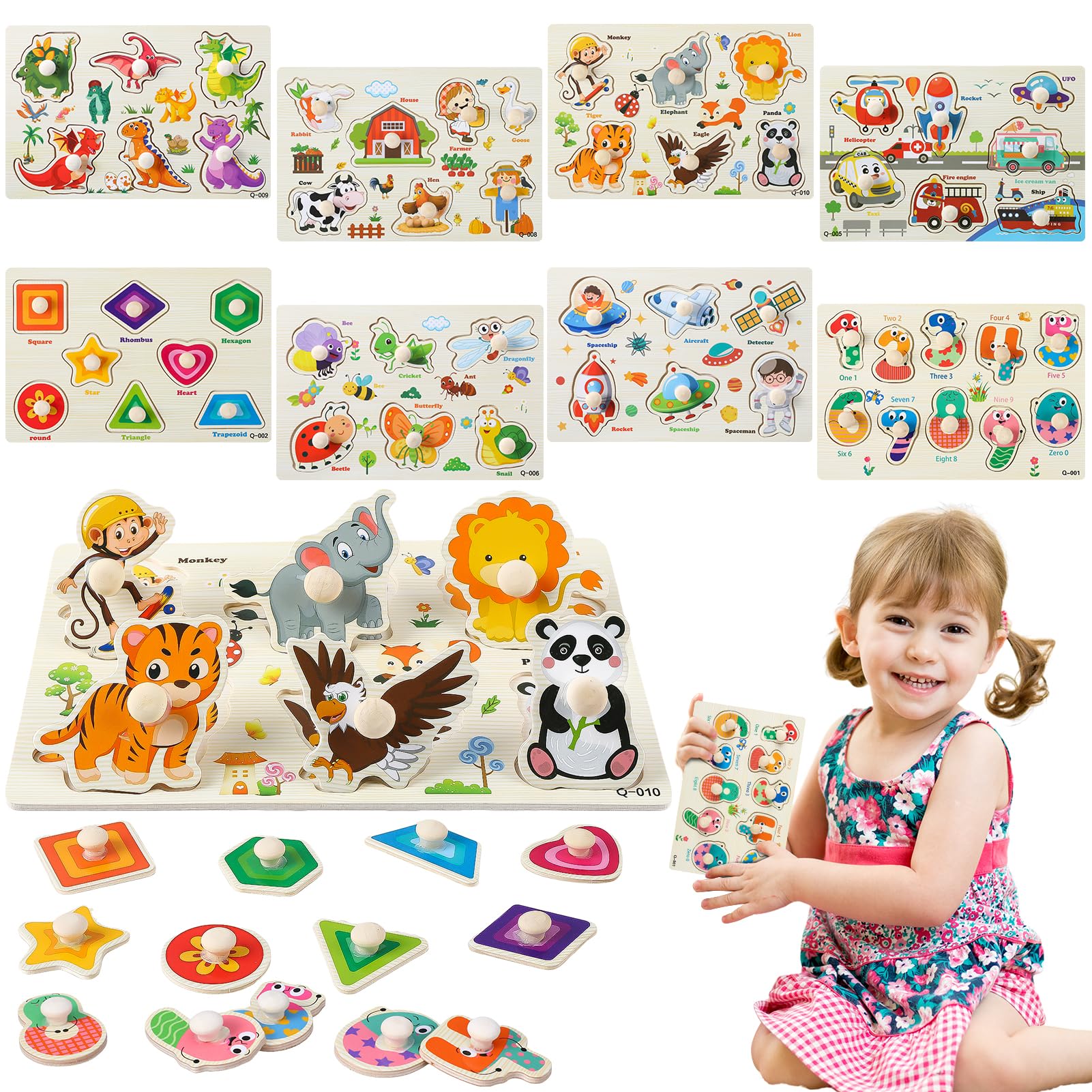 GSrenyu 8 Packs Wooden Jigsaw Puzzles for Kids,Toys for 2 3 Year Old Boys Girls,Wooden Peg Puzzles for Toddlers,Numbers,Geometry,Farm,Dinosaur,Animal,Transportation,Space,Insect