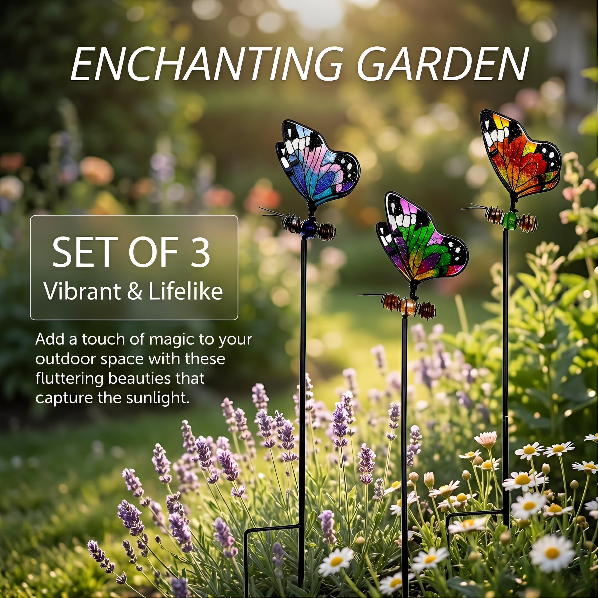 3 Stück Schmetterlings-Gartenpfähle, Gartenstecker Metall, Glas- und Metallkunst-Ornamente, Lebendige Gartendekoration, Deko Frühling Outdoor (B)