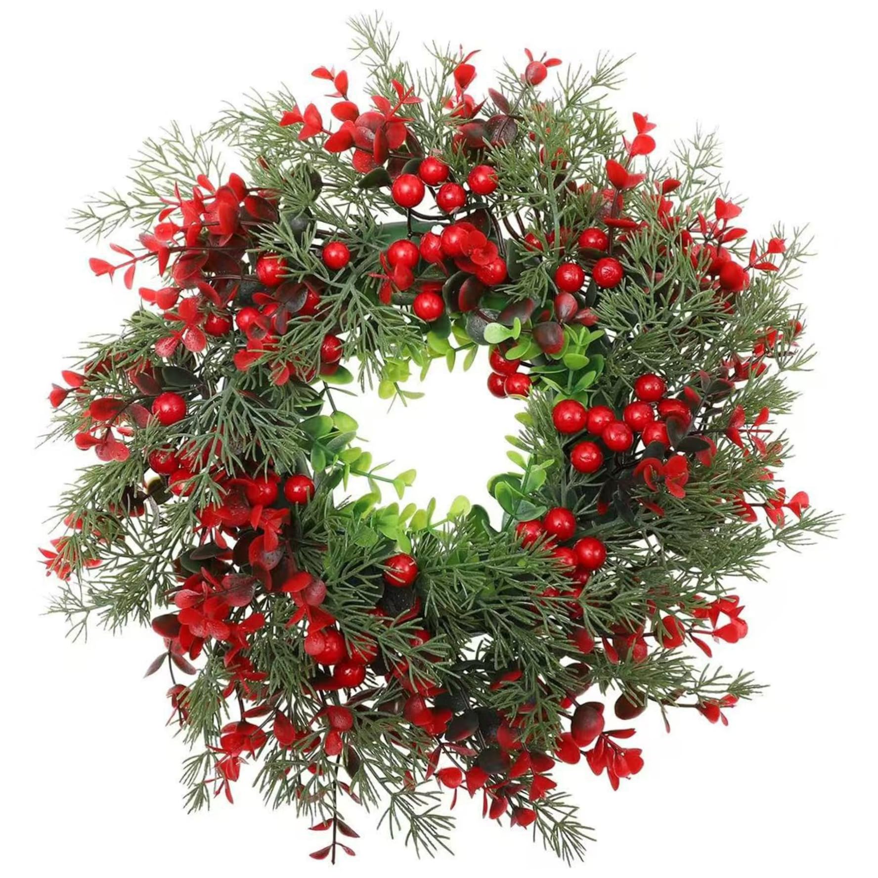 CAKEEYUM Christmas Wreath for Front Door 14 Inch Christmas Door Wreath with Artificial Red Berries & Leaves Rustic Holiday Decorations Wreaths, Wreaths for Front