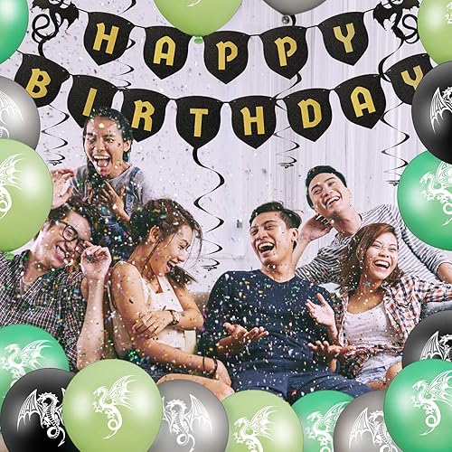 Miniatura 6 de 33 piezas de suministros de fiesta de cumpleaños de dragón, 20 globos de dragón, 3 pancartas de dragón, 10 remolinos colgantes de dragón para