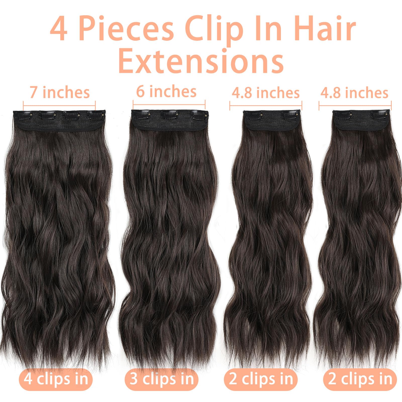 Mscat 20 Inch Wavy Clip-in Hair Extensions - Dark Brown Synthetic Hair Pieces, 4PCS Full Head Set, Thick Curly - Image 2