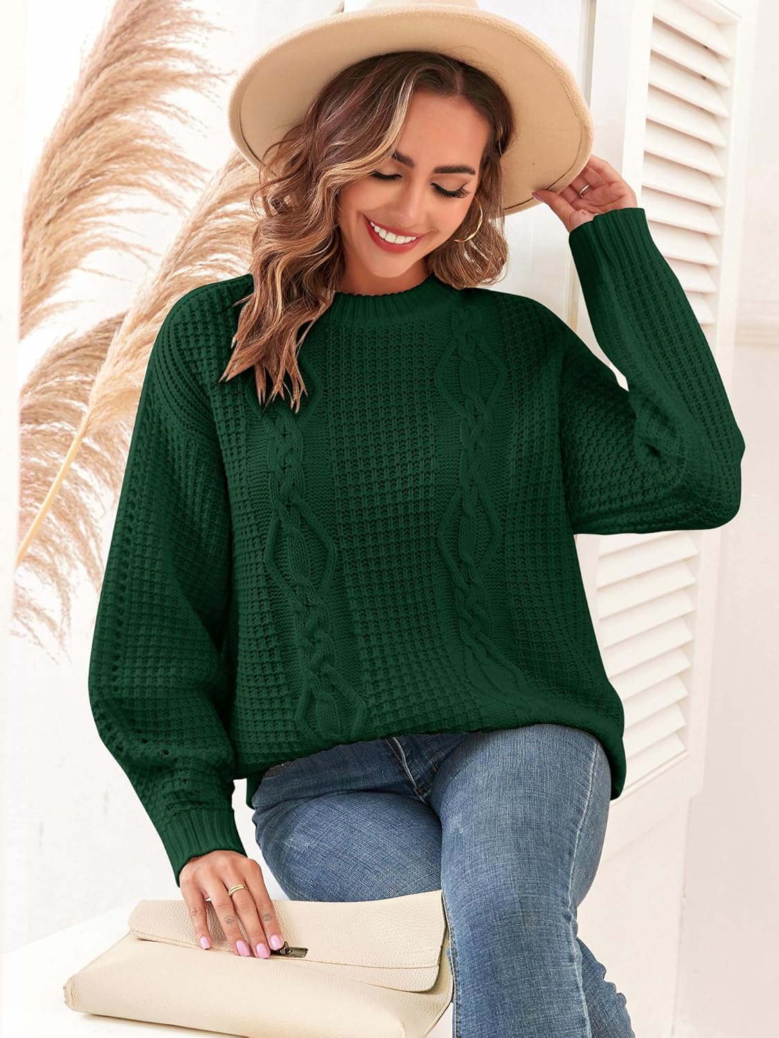 ZAFUL Womens Sweater Cable Knit Oversized Sweaters Crewneck Long Sleeves Casual Knit Pullover Tops - Image 2