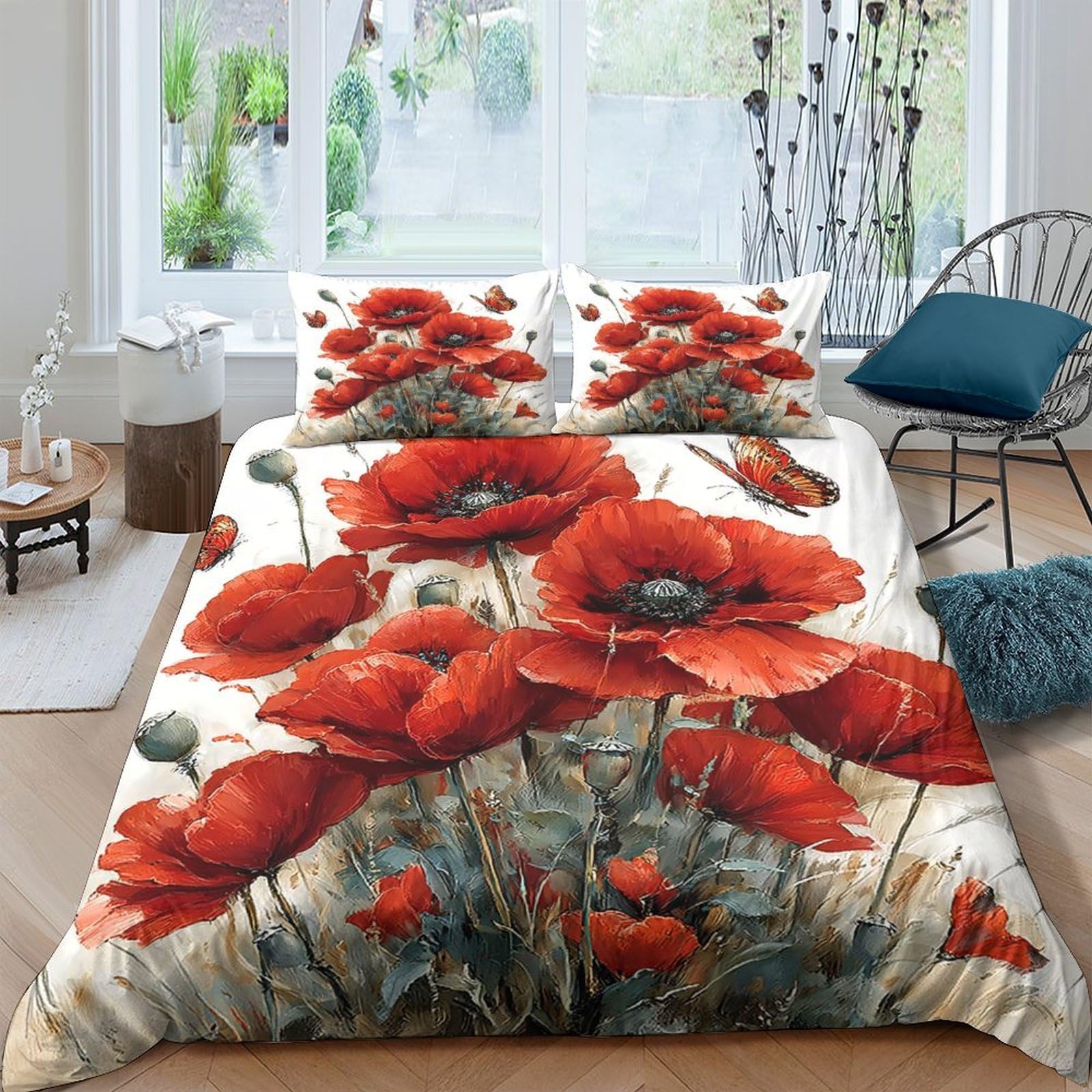 Ctjqhvkz Style-2 3D Printed Red Poppy Fitted Sheet Microfiber Soft Bed Cover Abstract Flower Mattress Cover For Bedroom Home Decor Single（135X200cm）