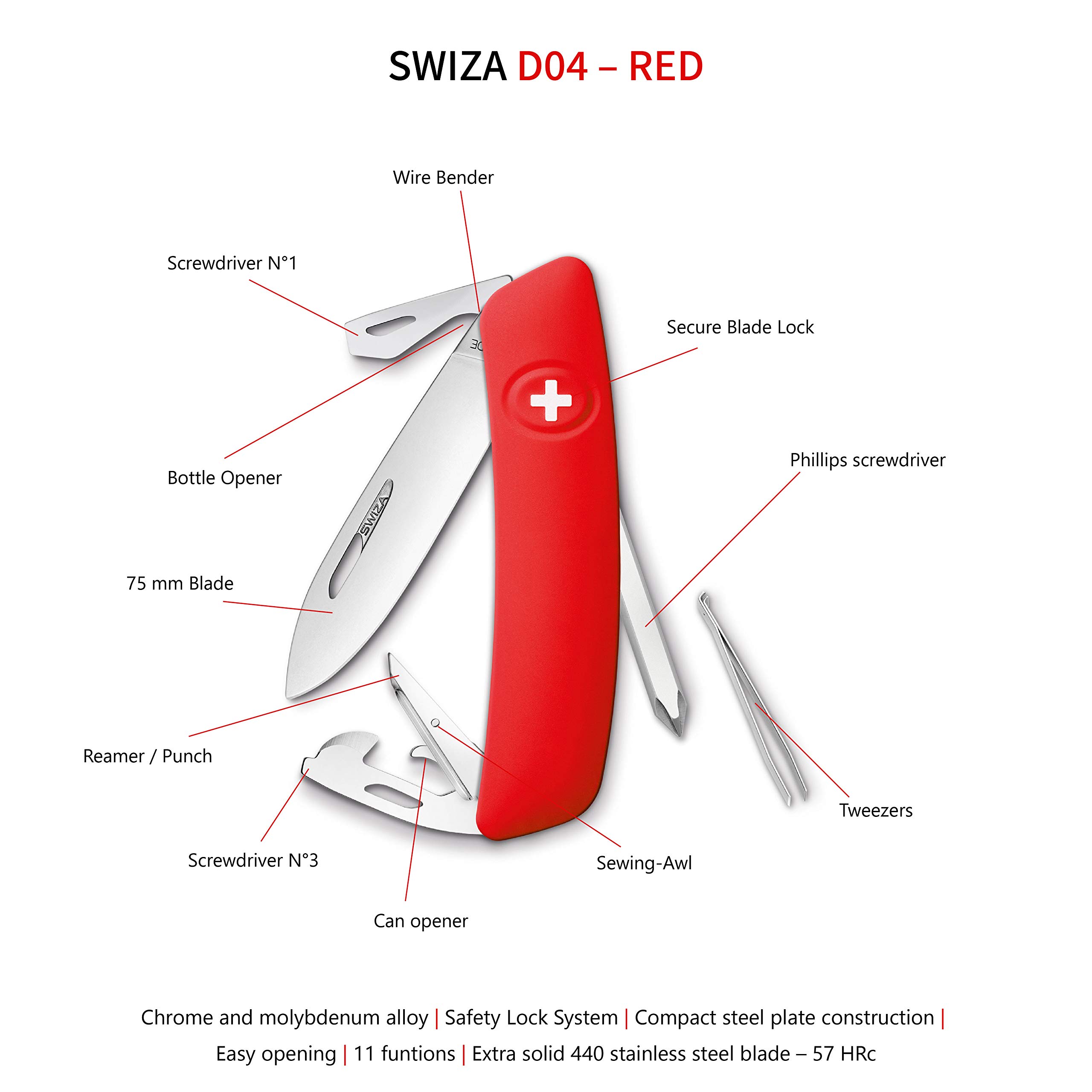 SWIZA Multifonctions D04r Couteau suisse, rouge, 16.8 EU