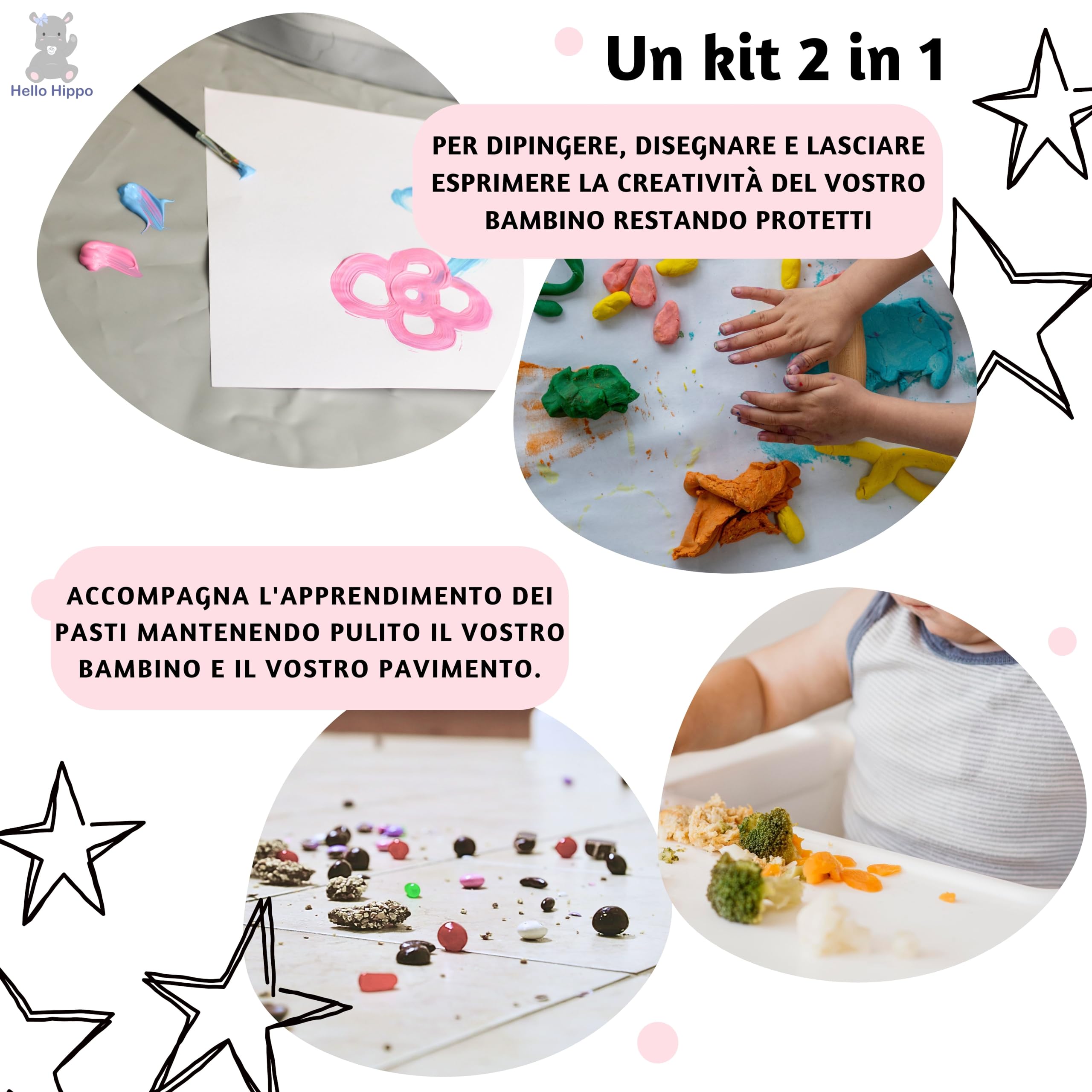 Hello Hippo® Kit 2 bavaglini impermeabili con vassoio didattico grigio per seggiolone – Vassoio con ventosa – Maniche lunghe per pappa, pittura e attività creative