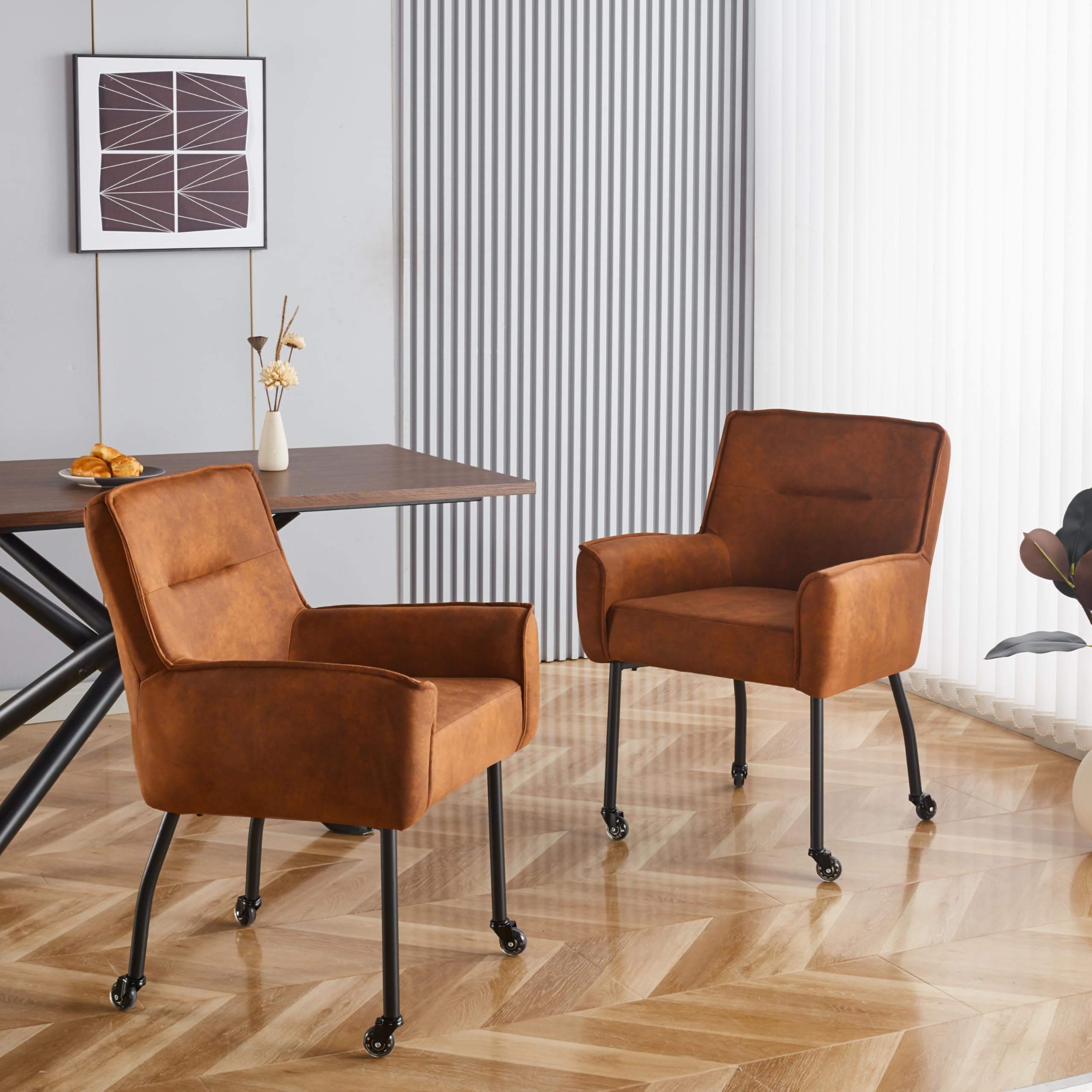 stone princess Dining Chairs with Casters Set of 2, Suede Accent Mid Century Modern Rolling Dining Chairs with Armrest for Bedroom Reading Room Living