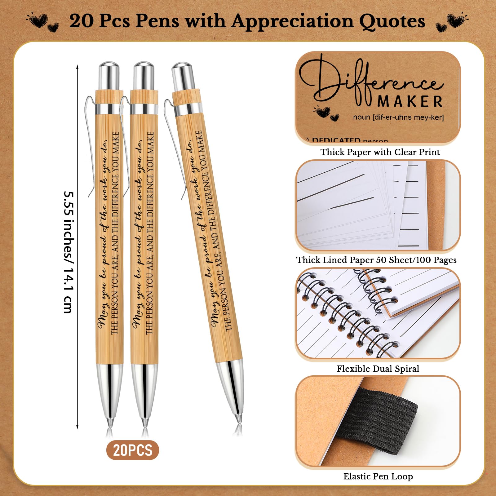 Tellingyou Set di 20 quaderni di ringraziamento per creatori di differenza per i dipendenti, idea regalo, formato A6, per lista delle cose da fare, penne a sfera per insegnanti, infermiere, volontari,