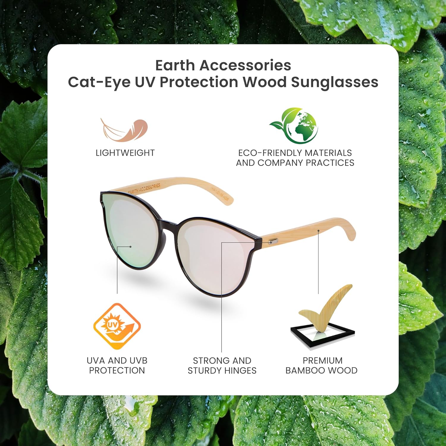 Earth Accessories Premium Oversized Sunglasses, Cat Eye | UV Protection, Handmade Bamboo Wood Frames | Eco-Friendly