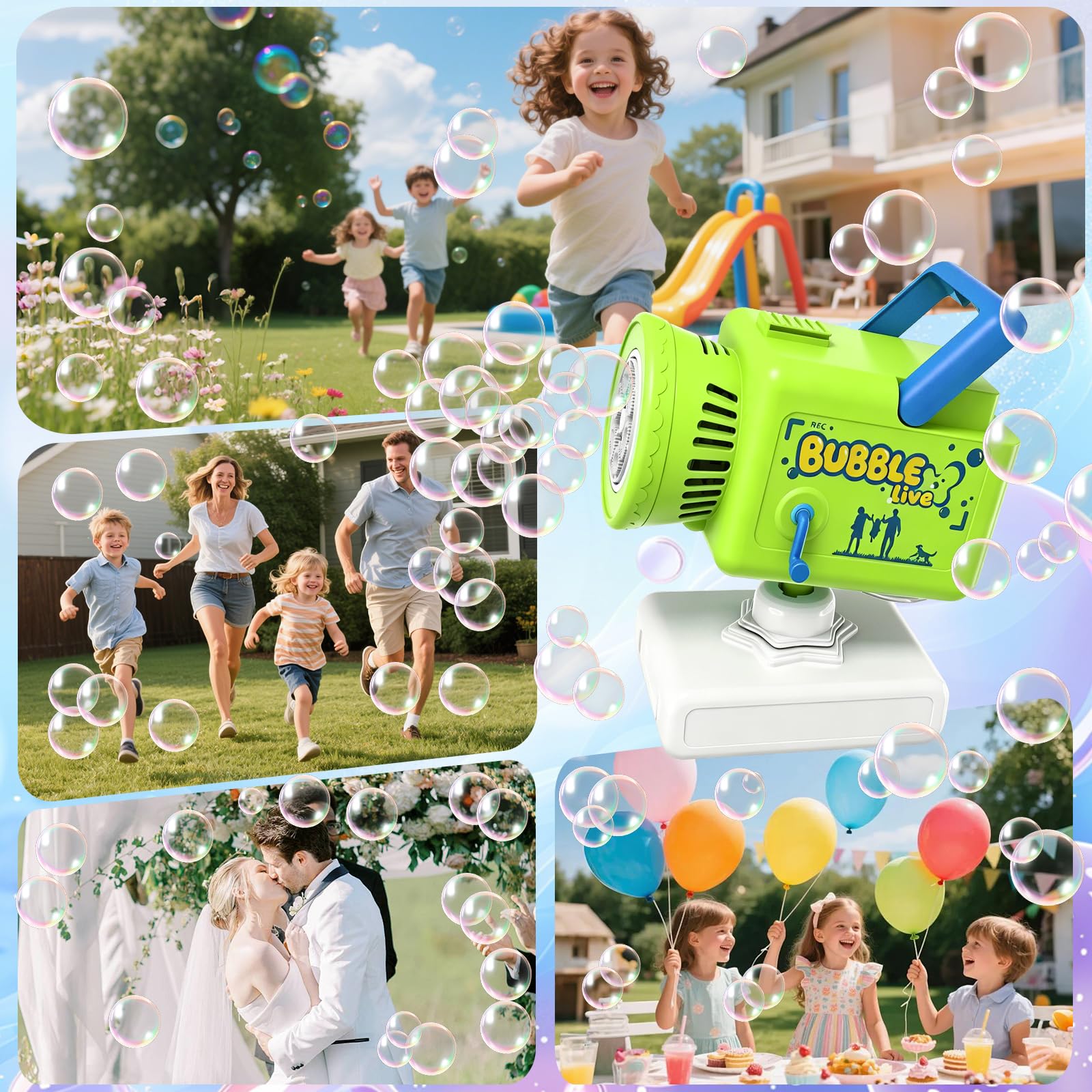 Seifenblasenmaschine Wiederaufladbar 1200mAh, 3-in-1 Handheld Seifenblasenpistole mit Stativ & 360° Drehplatte, LED Licht & Musik, Seifenblasenmaschine Kinder Outdoor für Hochzeit Garten