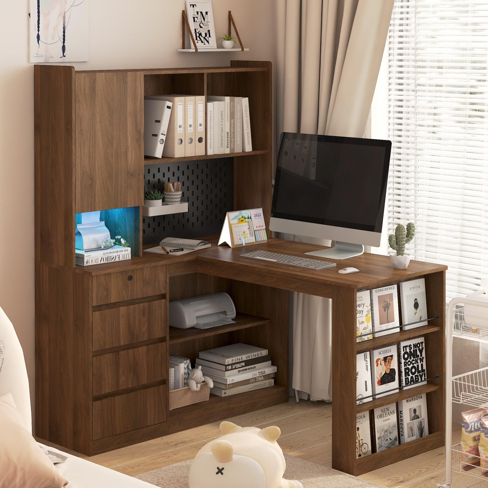 KEIKI L Shaped Home Office Desks with LED Light, Pegboard, Hutch, Drawers, Bookshelf & Storage Shelves, Modern Wooden Gaming Computer Corner Table for Work, Study, Writing