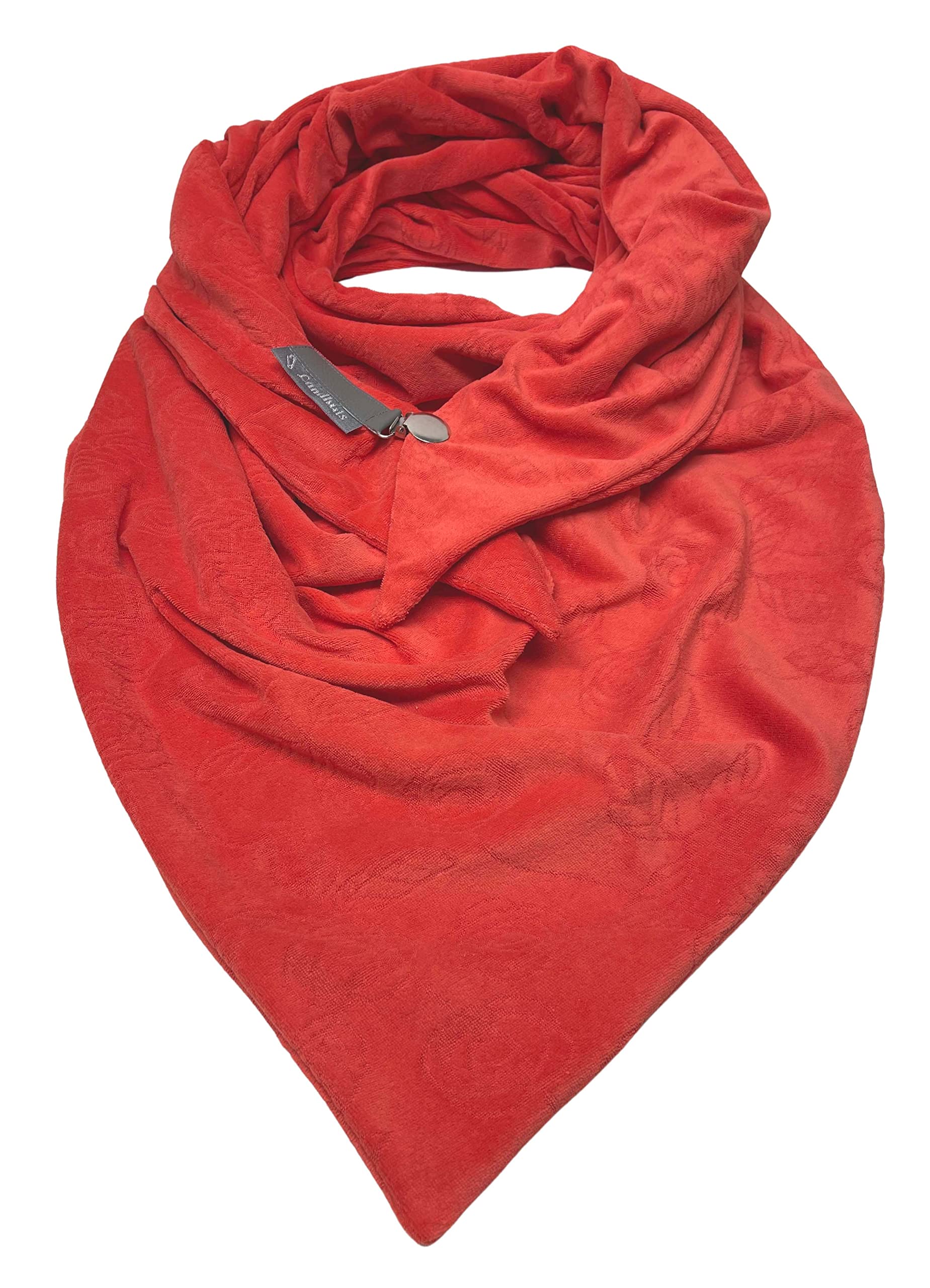 handmade - Handgefertigtes Dreieckstuch in rot aus Baumwoll-Nicki – mit Rosenmuster & Clip-Verschluss – romantisches Tuch für Damen