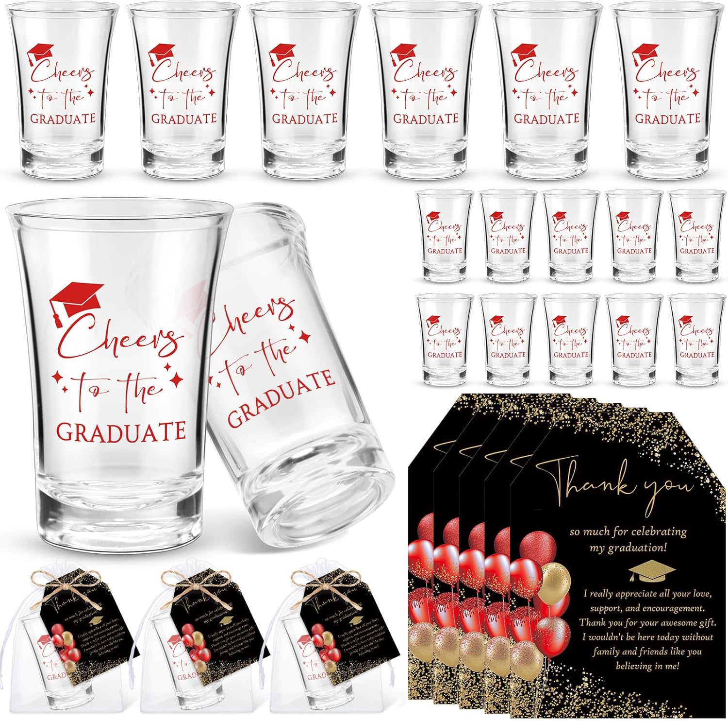 Maxcheck 25 Sets Graduation Party Favors for Guests Cheers to the Graduate Acrylic Shot Glasses with Thank You Cards and Organza Bags Graduation Gifts for Teacher Classmates Family(Red Color)