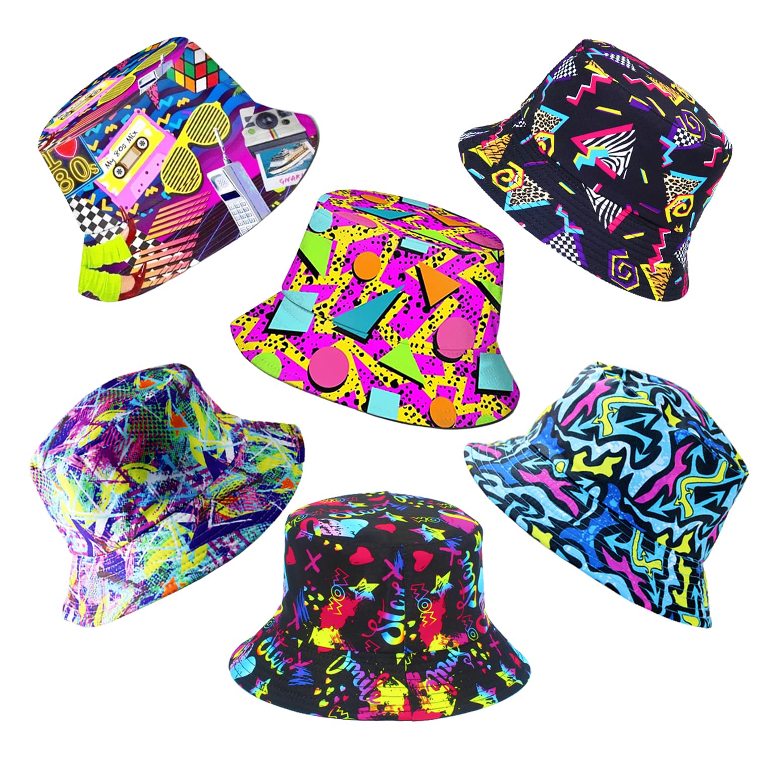 6 Pack Retro 80s 90s Bucket Hats for Men Women, Funny Retro Party Hats, Vintage Print Fisherman Hats for Disco Hip hop Party, Unisex Reversible Portable Hat Outdoor Fashion Sun Cap Colorful